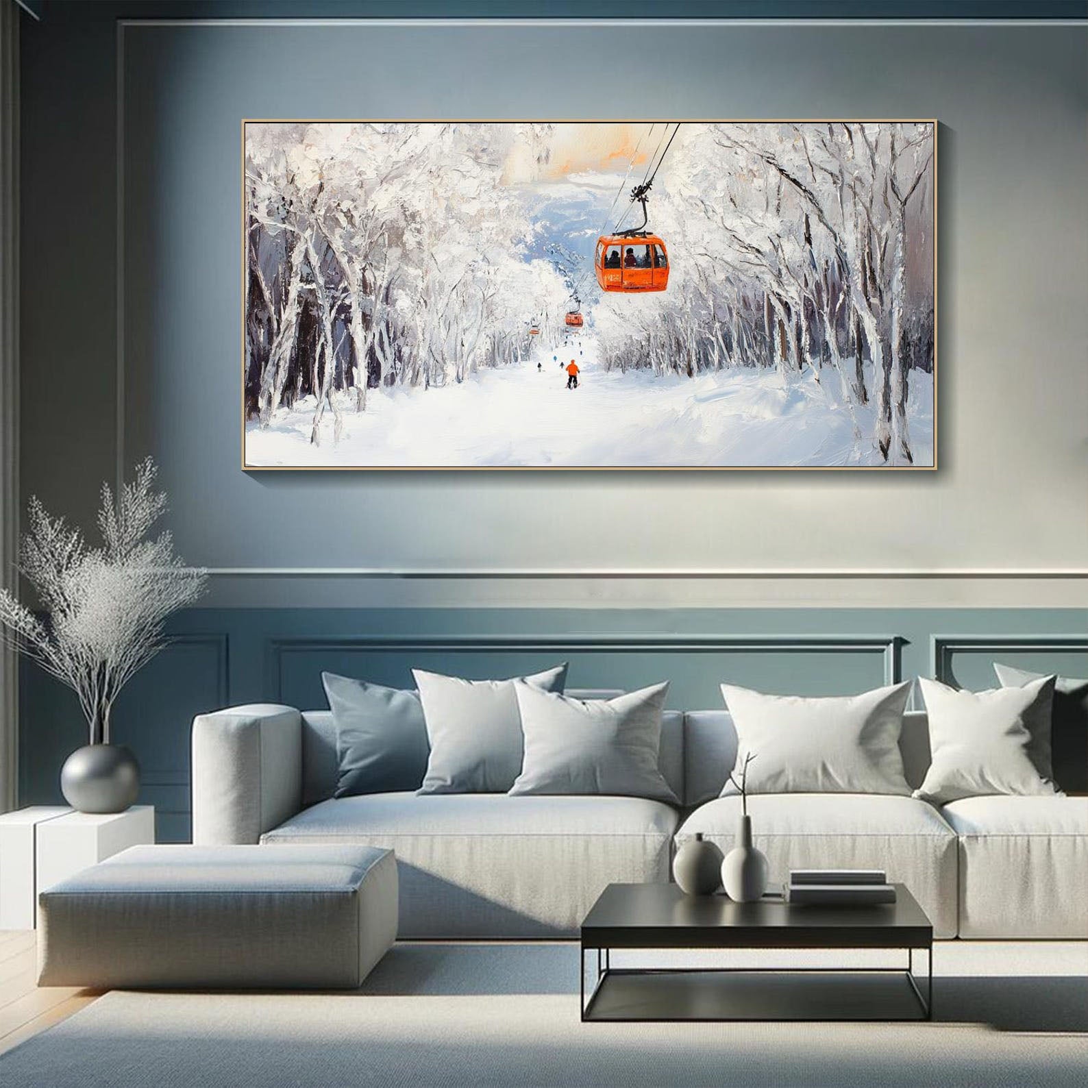 Winter Snow Mountain Abstract Art, Modern Ski Scene #TB 075