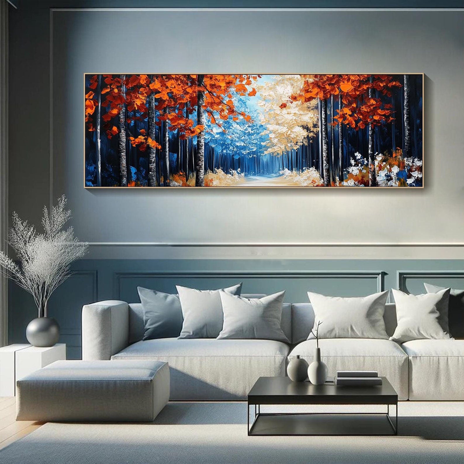 Autumn Winter Transition Abstract Landscape Oil Painting, Modern Seasonal Art Wall Decor
