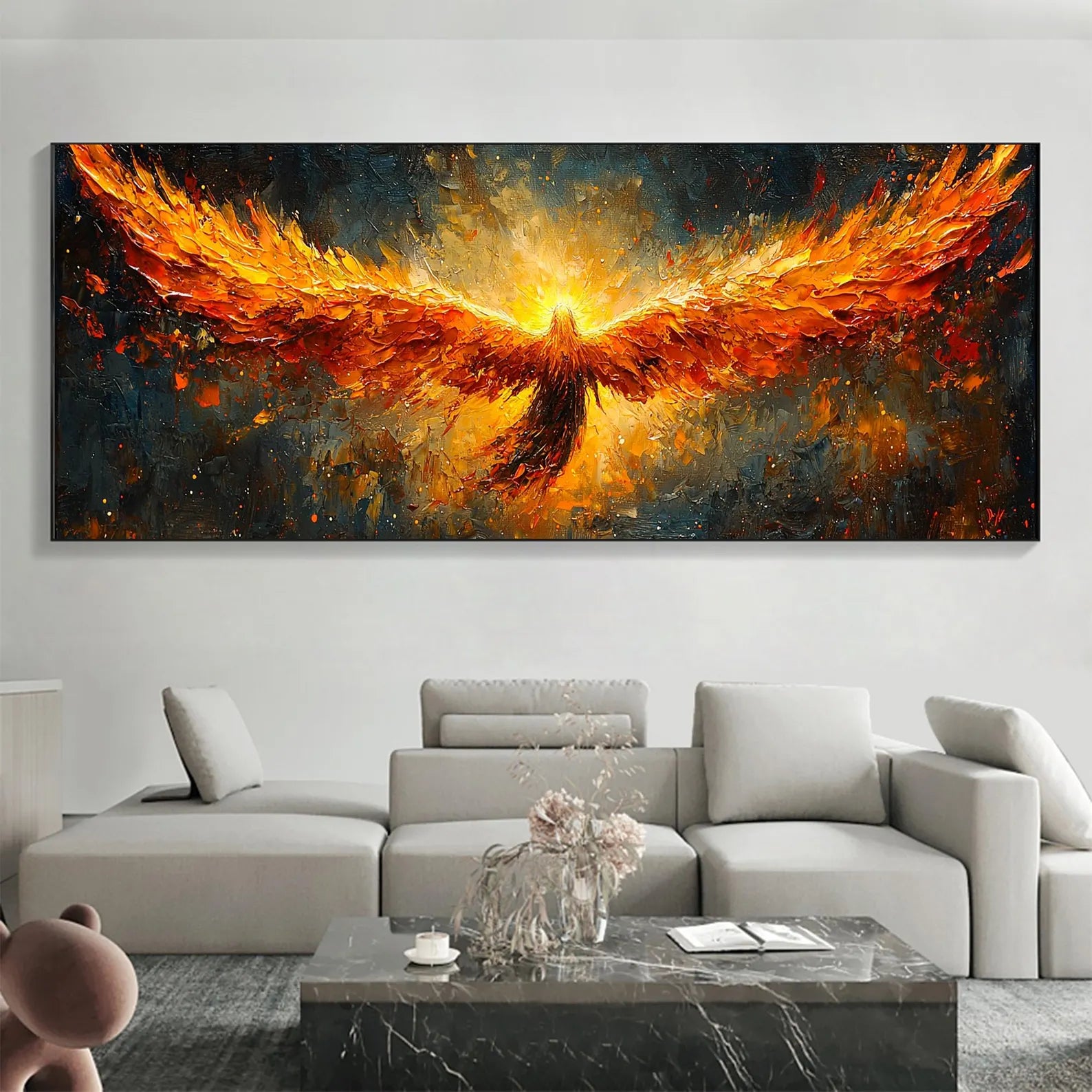 Textured Phoenix Rising Oil Painting | Large Fiery Wall Art Decor #ZZ 007