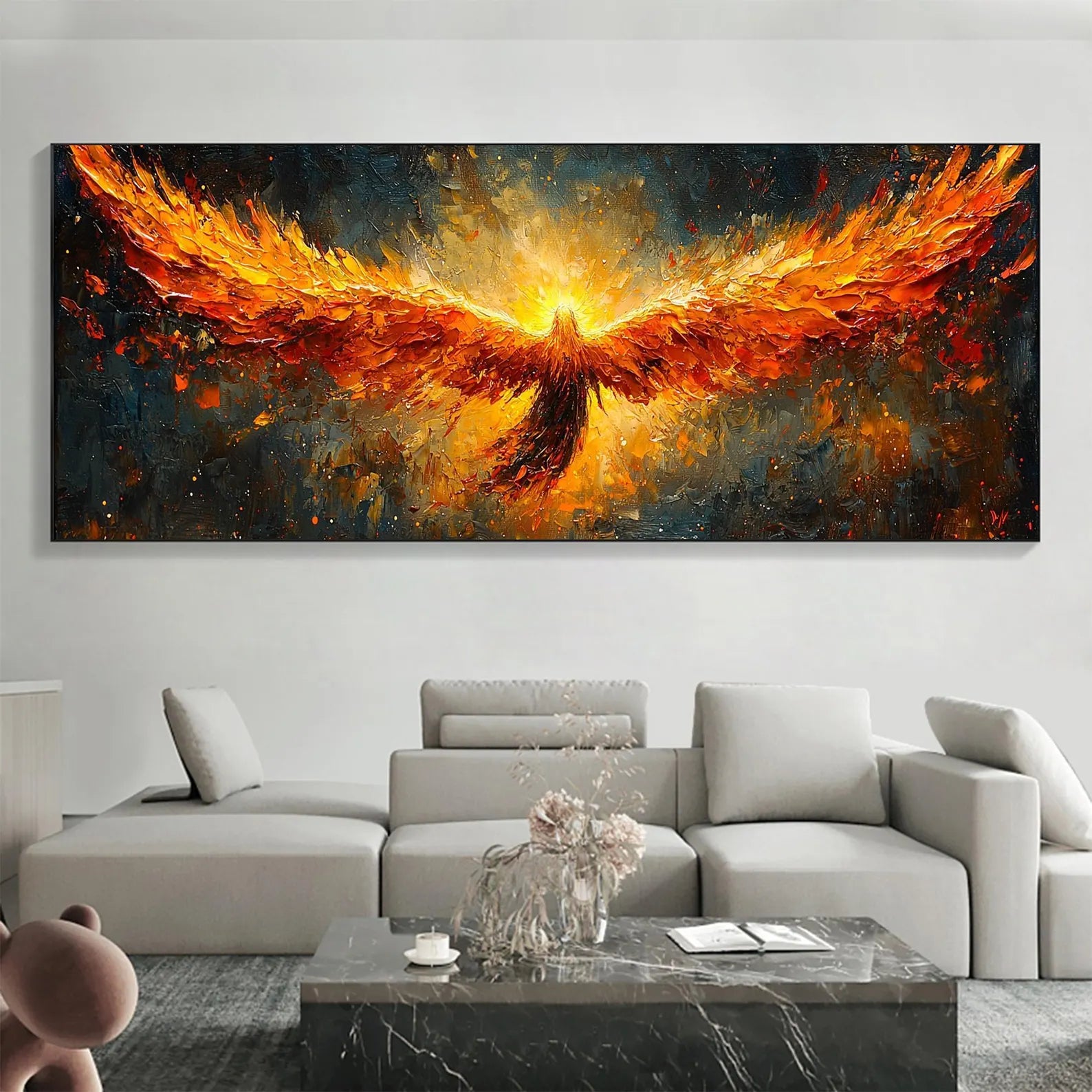 Textured Phoenix Rising Oil Painting | Large Fiery Wall Art Decor #ZZ 007