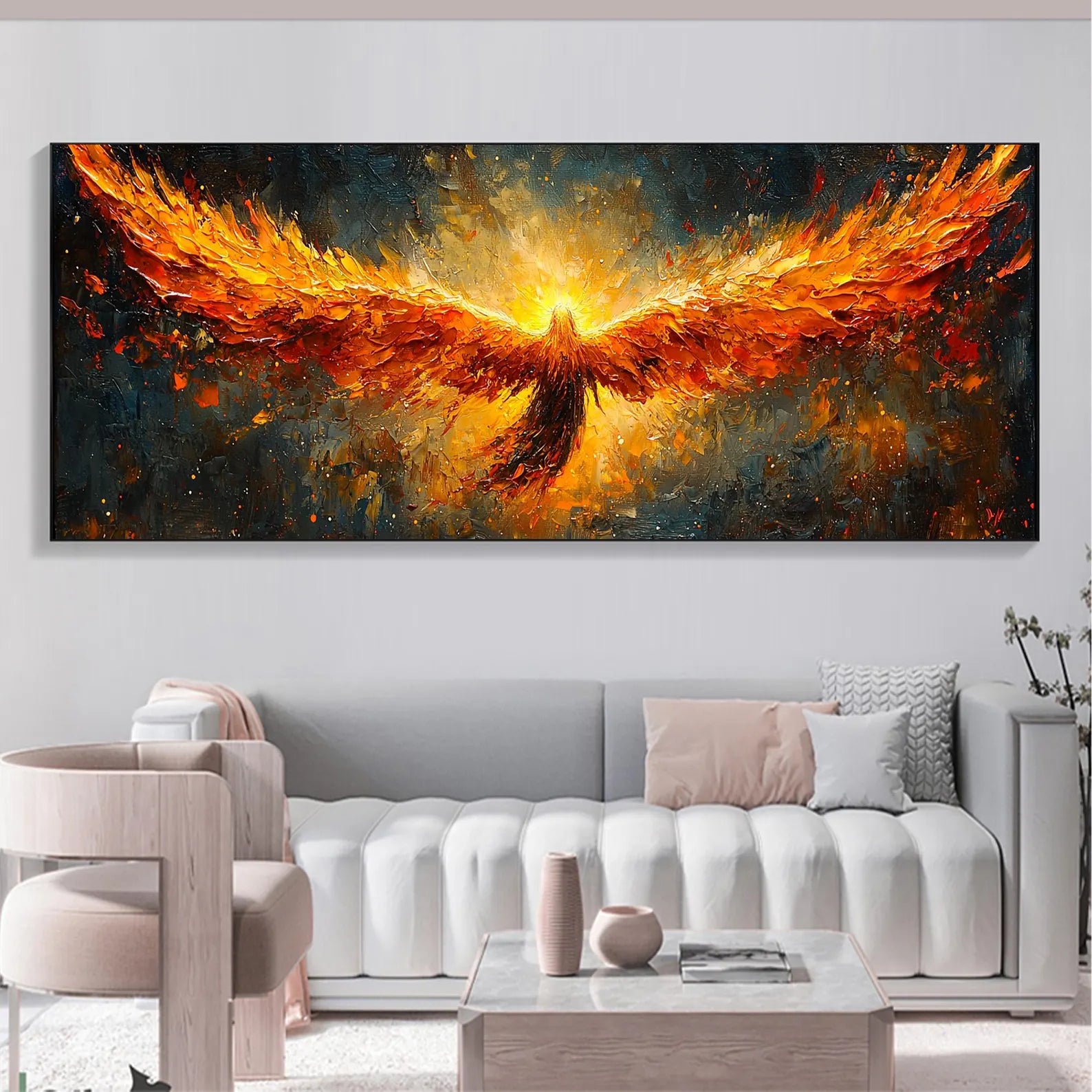 Textured Phoenix Rising Oil Painting | Large Fiery Wall Art Decor #ZZ 007