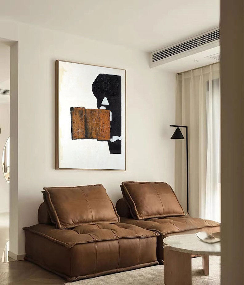 Black Brown White Abstract Oil Painting, Modern Minimalist Art #TB 037