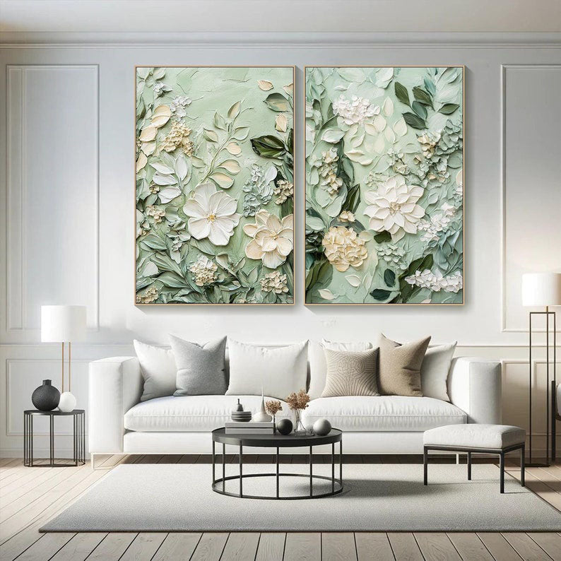 Modern 3D Embossed Floral Art, Light Green Fresh Diptych #TB 063