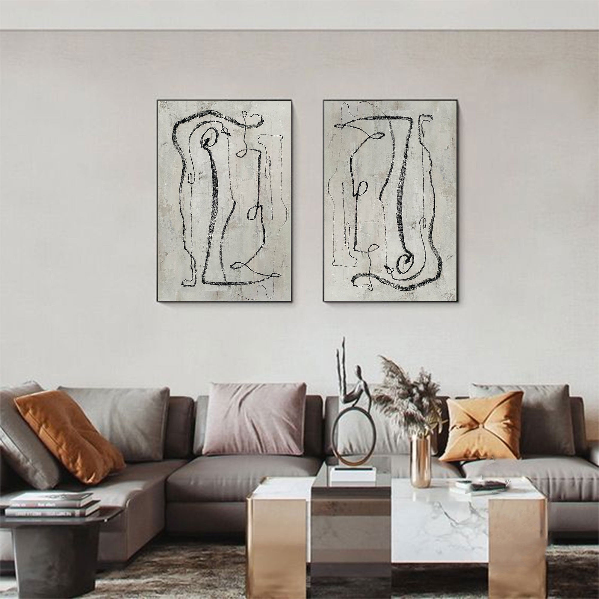 Modern Minimalist Abstract Diptych, Bold Black Lines #TB 085