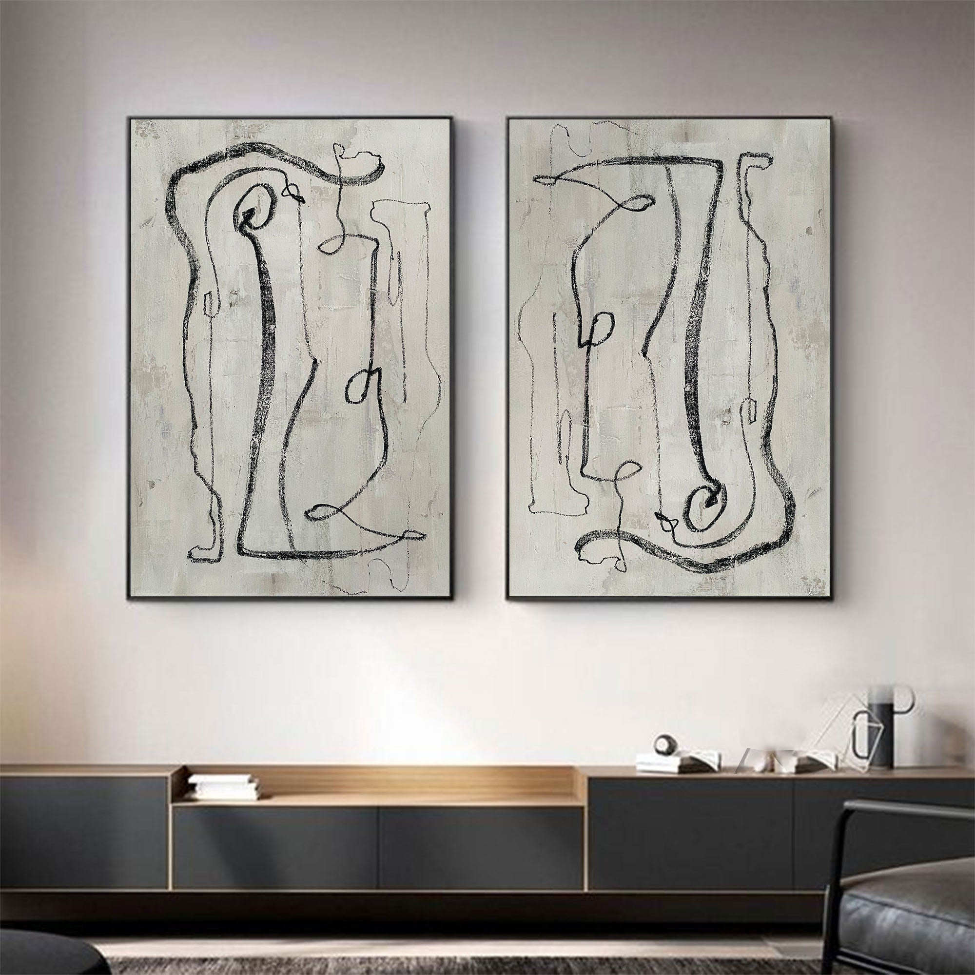 Modern Minimalist Abstract Diptych, Bold Black Lines #TB 085