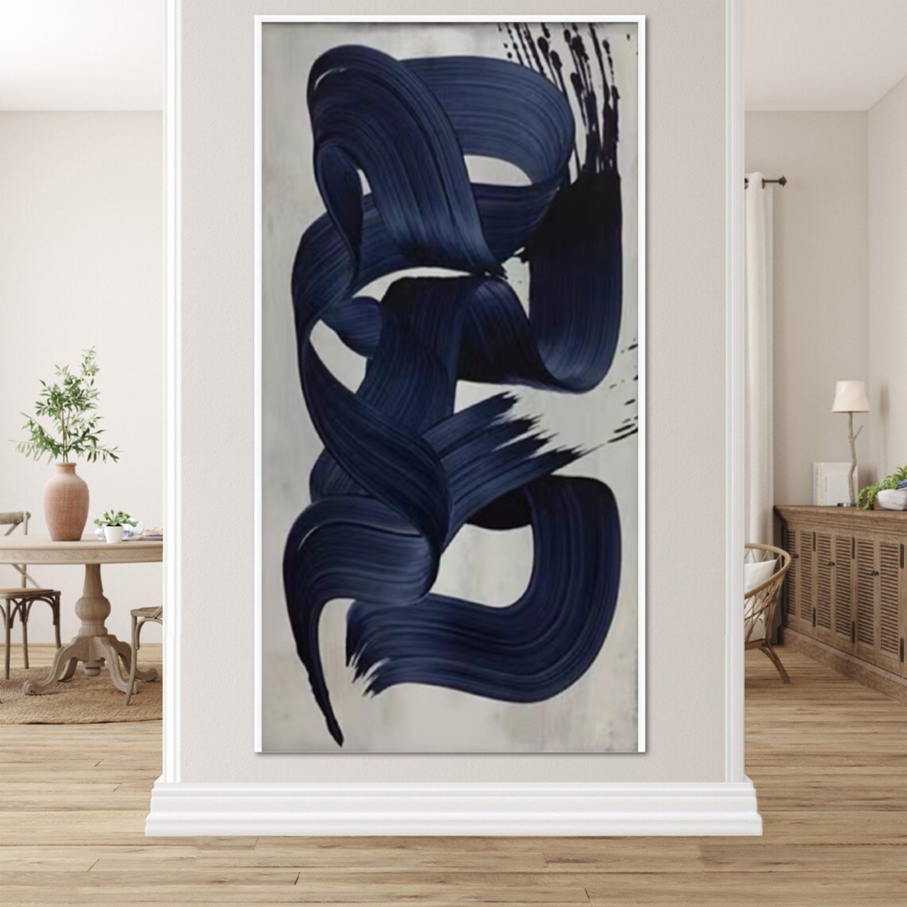 Blue Brushstroke Abstract Oil Painting, Modern Minimalist Art Wall Decor #TB 050