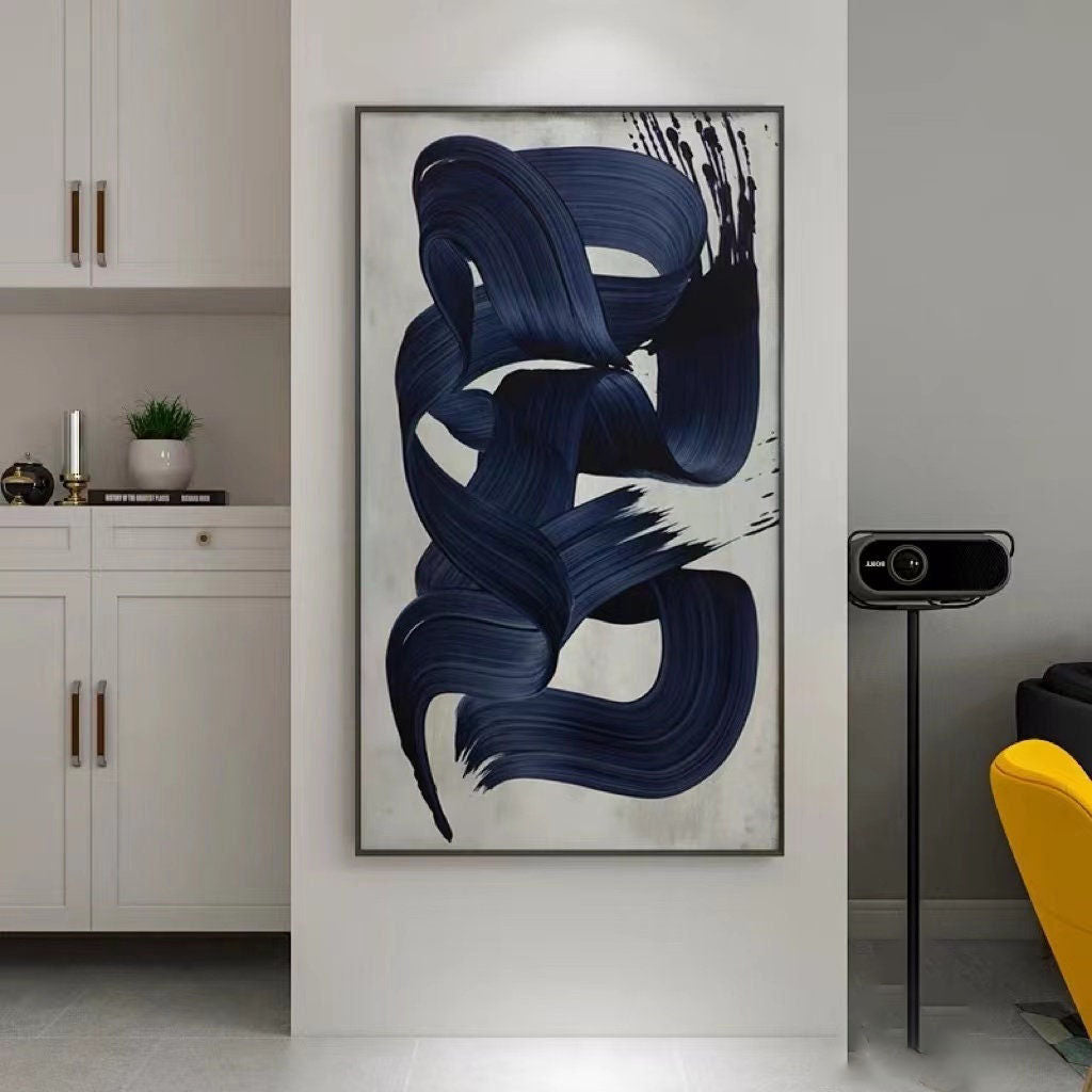 Blue Brushstroke Abstract Oil Painting, Modern Minimalist Art Wall Decor #TB 050