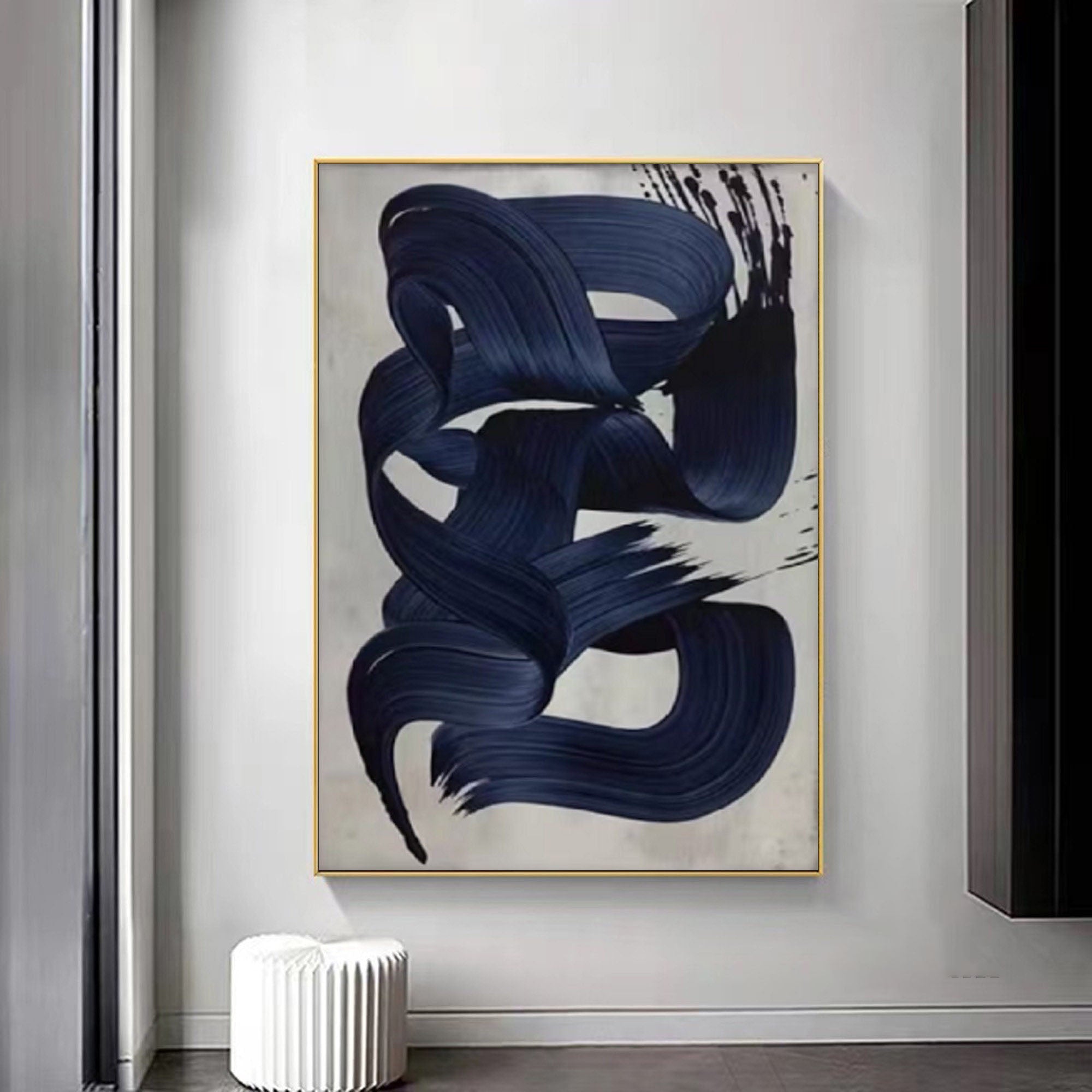 Blue Brushstroke Abstract Oil Painting, Modern Minimalist Art Wall Decor #TB 050