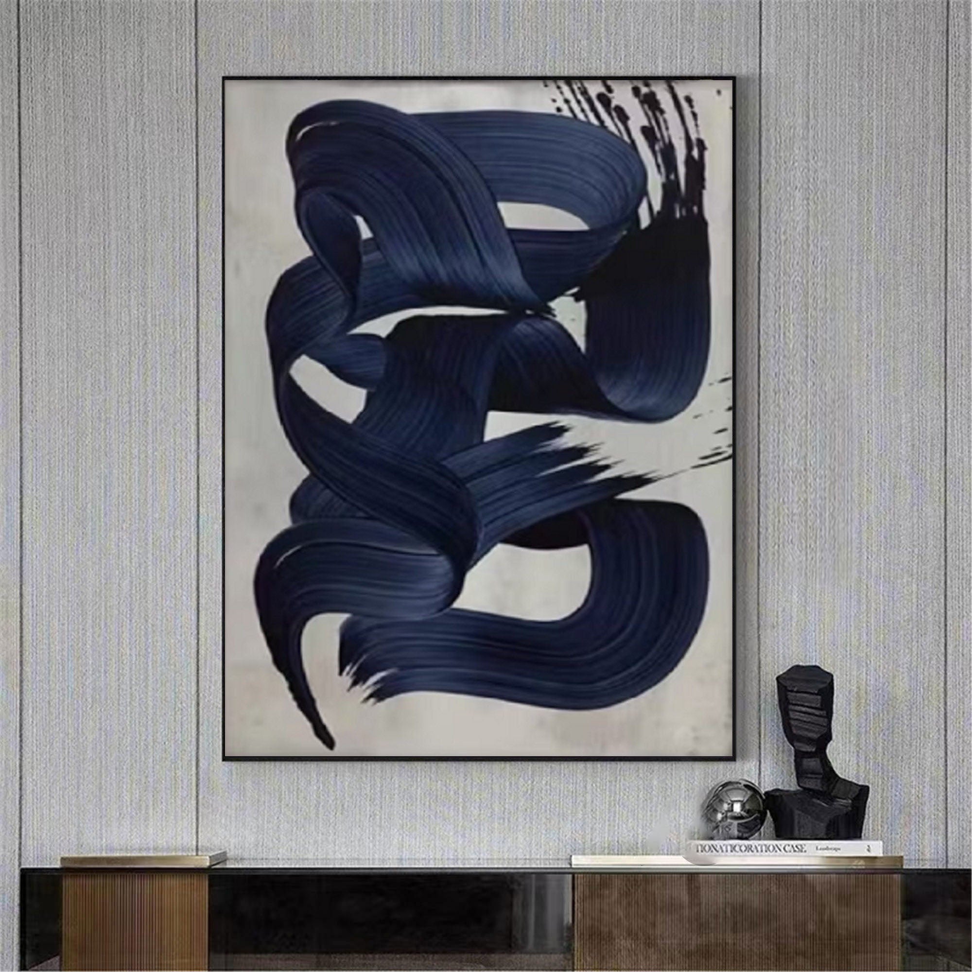 Blue Brushstroke Abstract Oil Painting, Modern Minimalist Art Wall Decor #TB 050