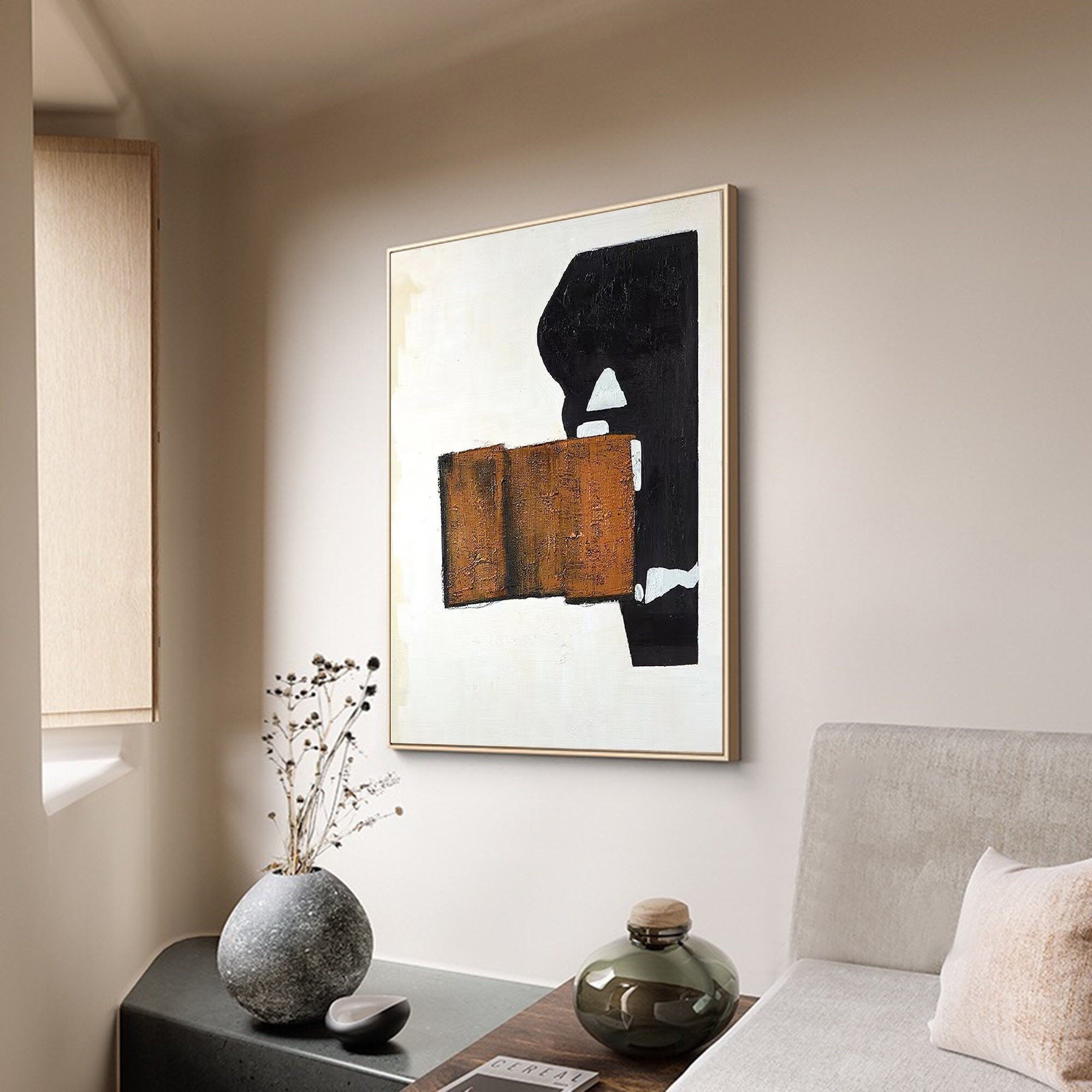 Black Brown White Abstract Oil Painting, Modern Minimalist Art #TB 037