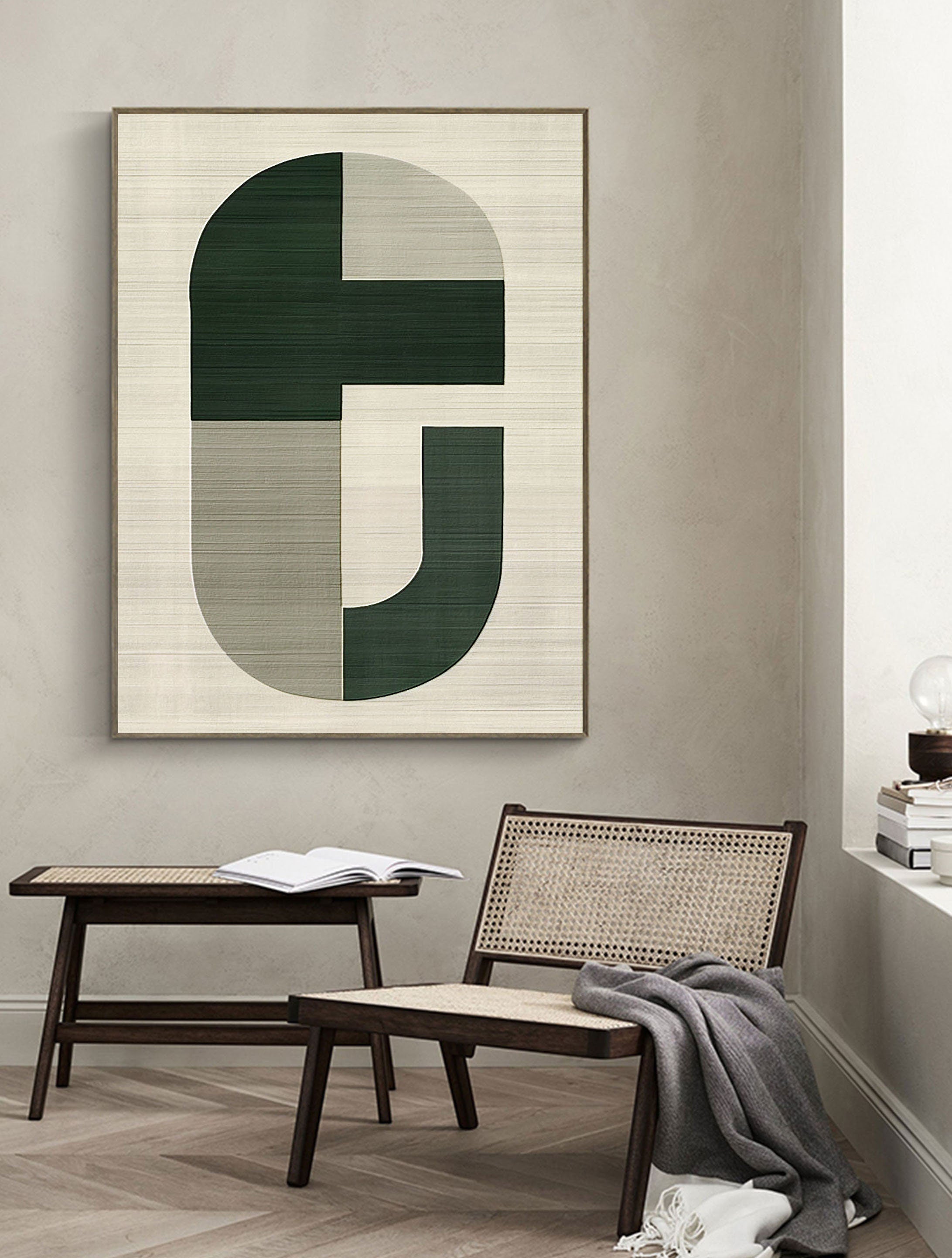 Minimalist Geometric Art | Modern Green & Beige Painting #ZZ 009