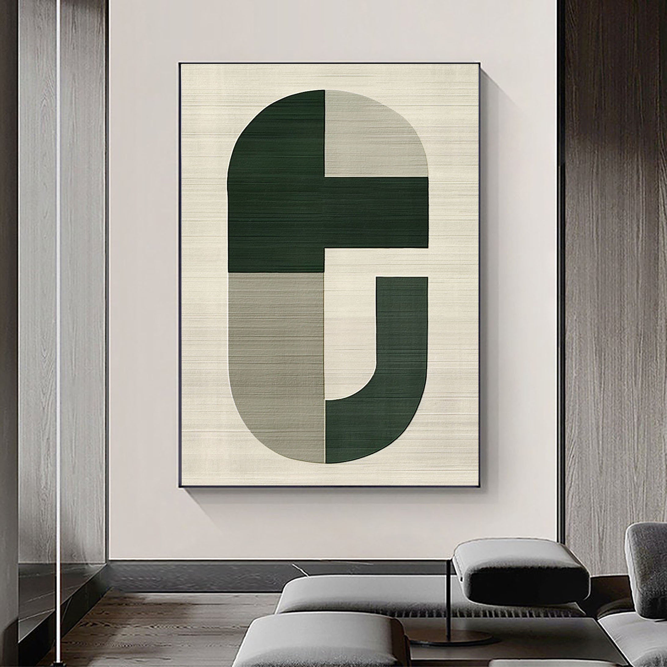 Minimalist Geometric Art | Modern Green & Beige Painting #ZZ 009