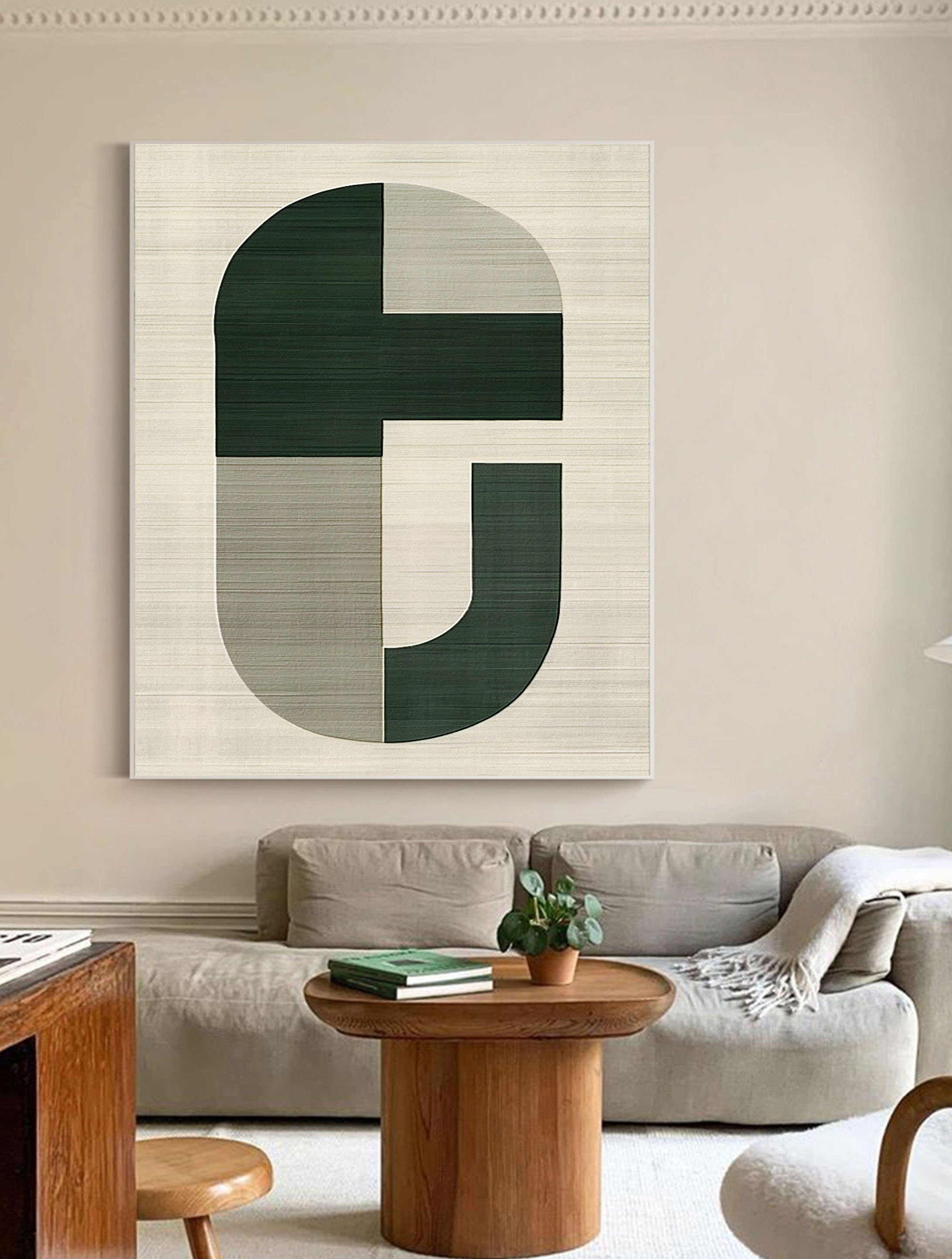 Minimalist Geometric Art | Modern Green & Beige Painting #ZZ 009