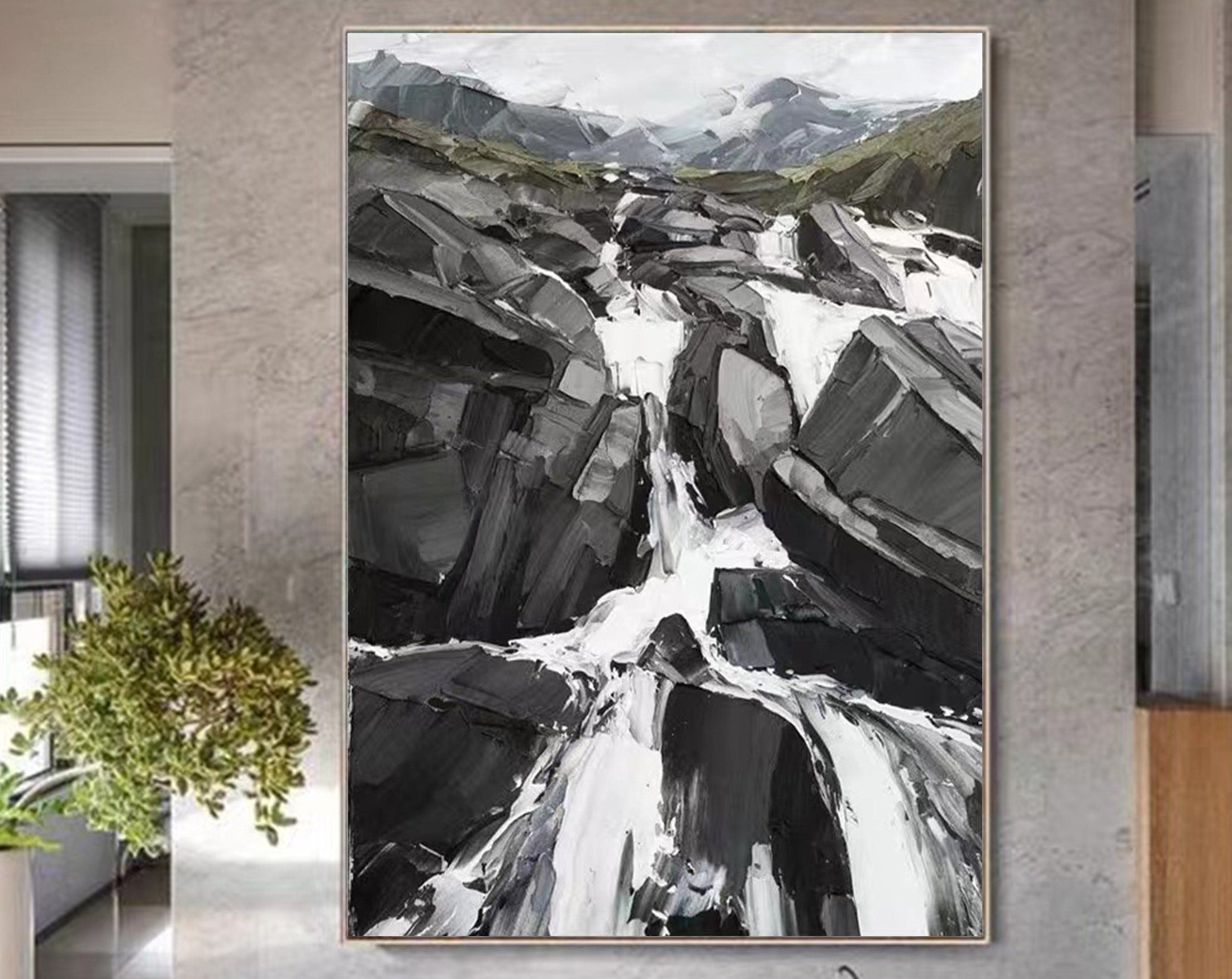 Abstract Mountain Waterfall Oil Painting, Grayscale