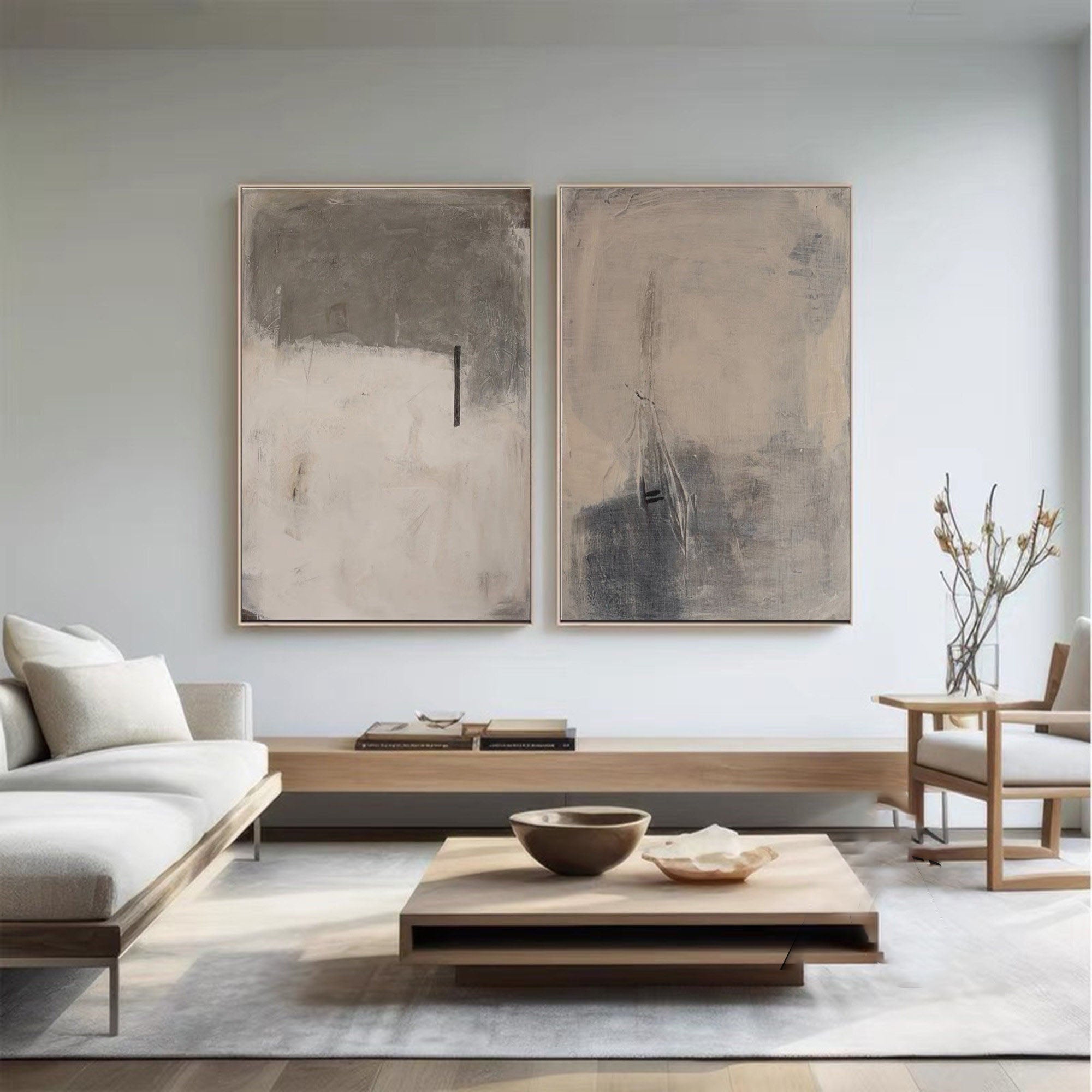 Modern Minimalist Abstract Diptych, Beige Gray Texture #TB 084