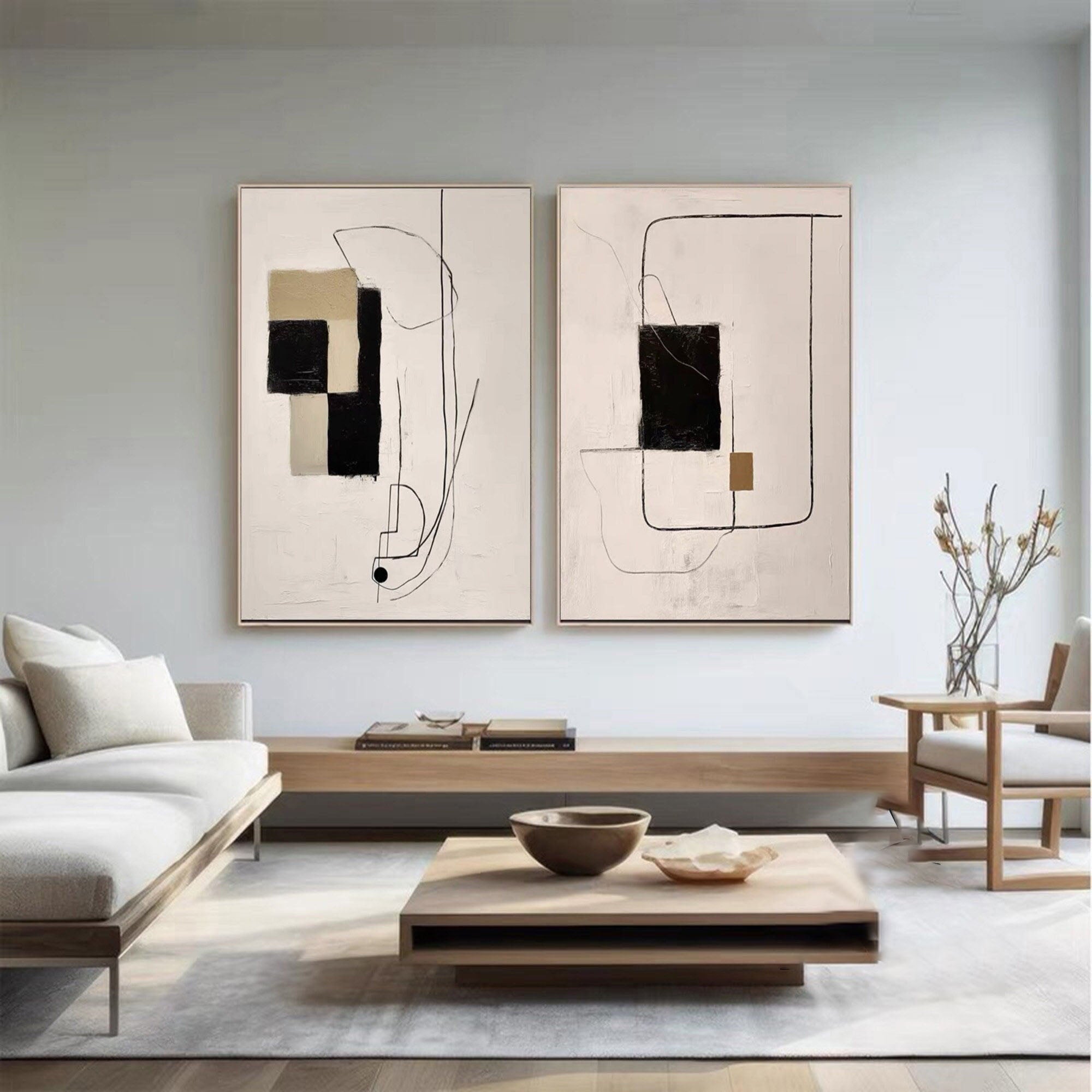 Beige Black Khaki Abstract Art, Modern Minimalist Diptych