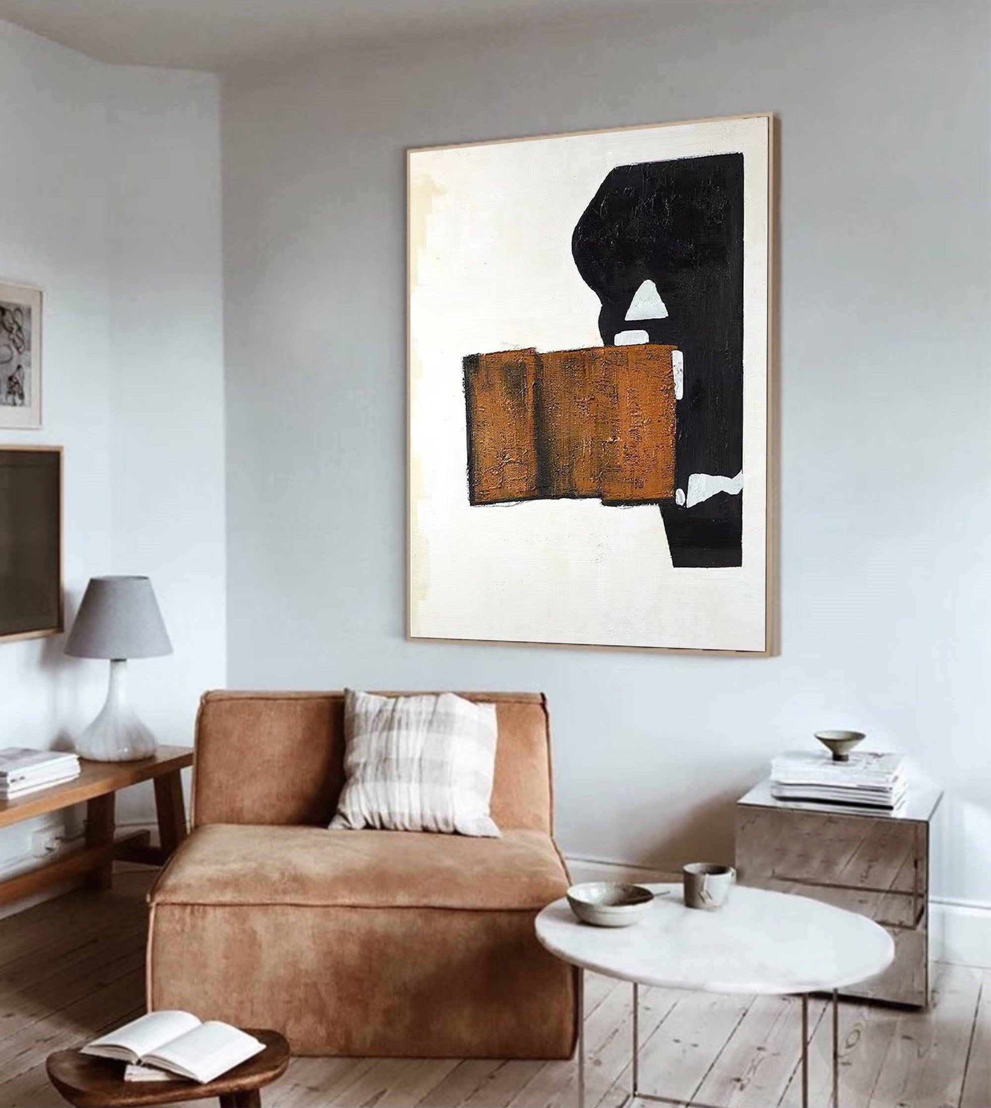 Black Brown White Abstract Oil Painting, Modern Minimalist Art #TB 037