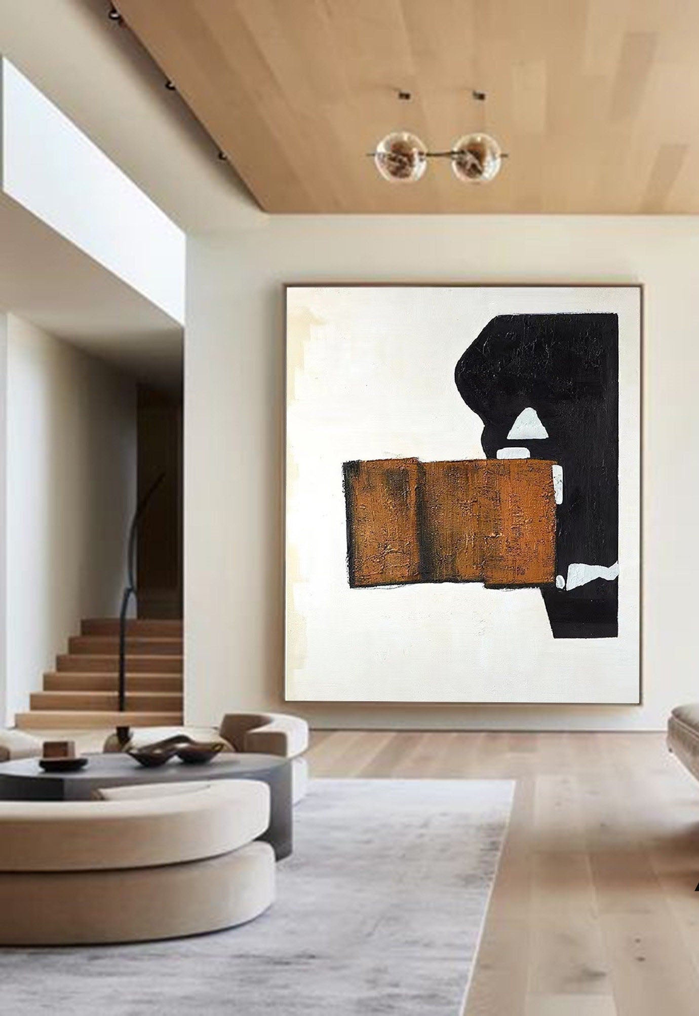 Black Brown White Composition Abstract Painting, Modern Minimalist Wall Art