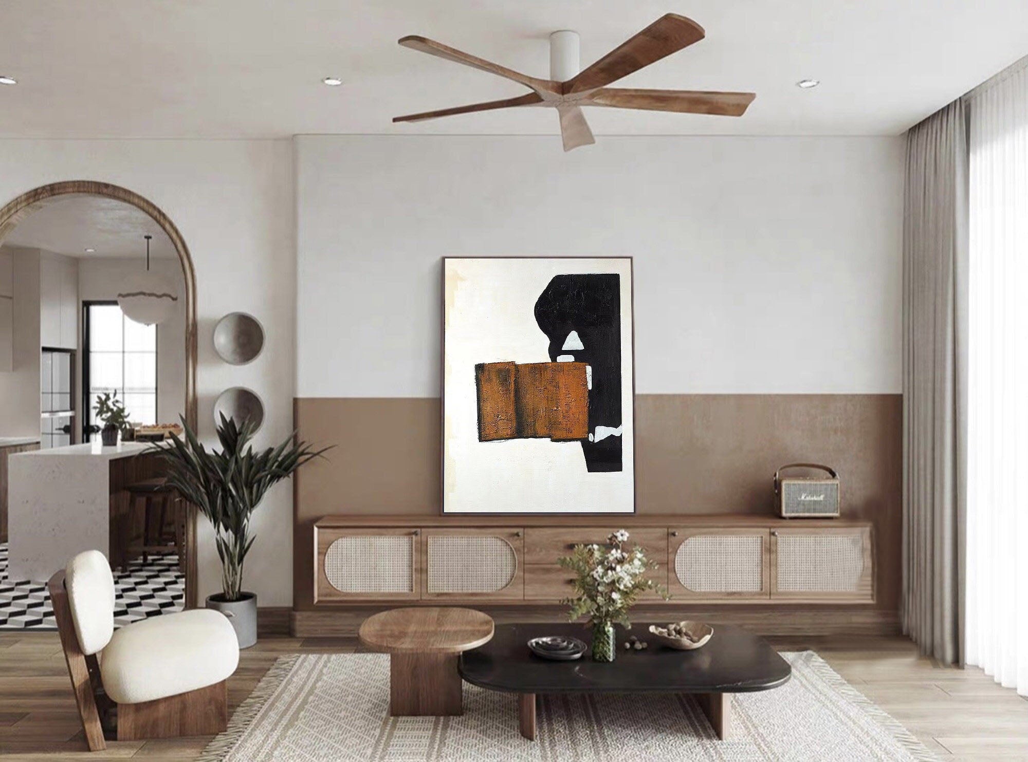 Black Brown White Abstract Oil Painting, Modern Minimalist Art #TB 037