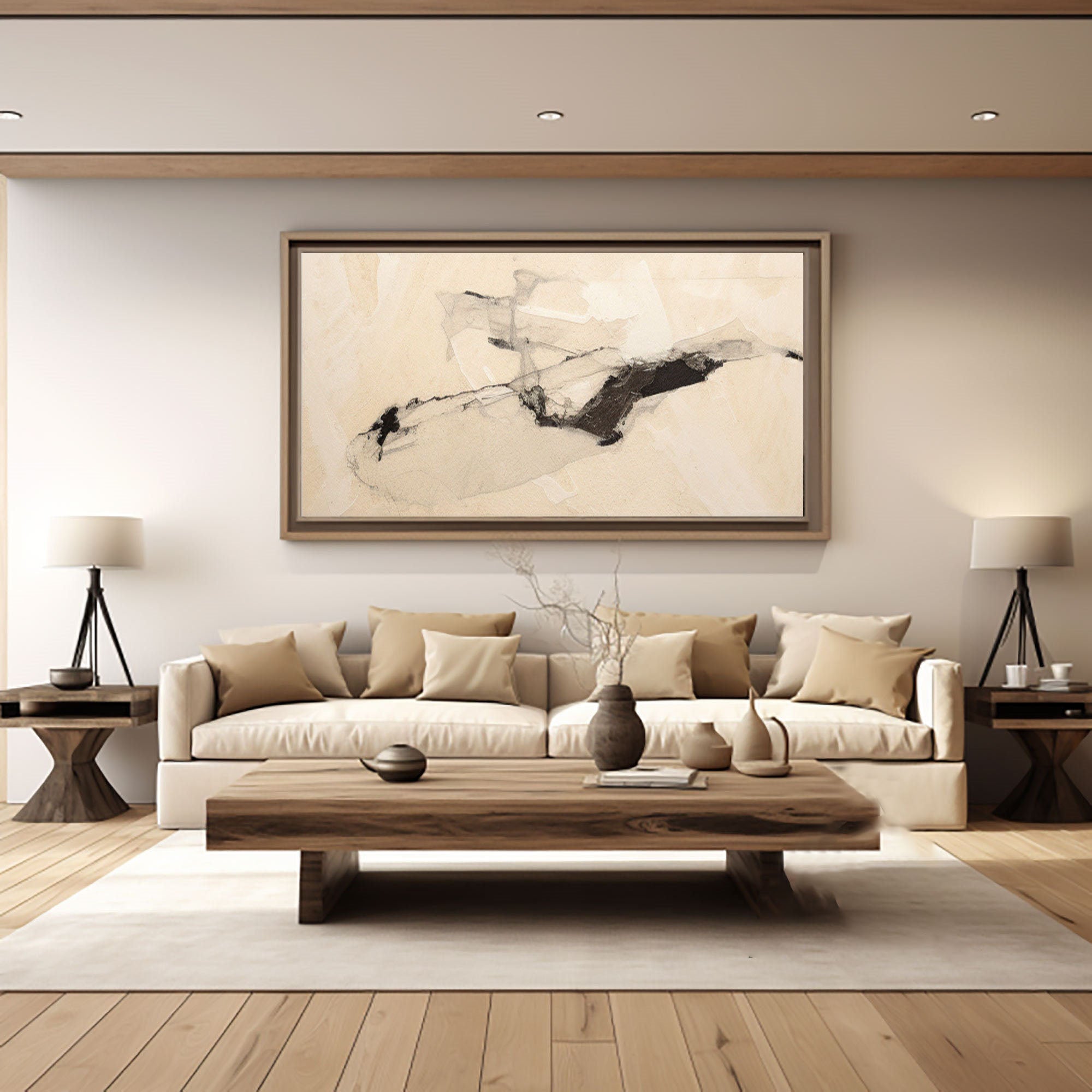 Wabi-Sabi Abstract Art, Beige Black Ink Wash #TB 060