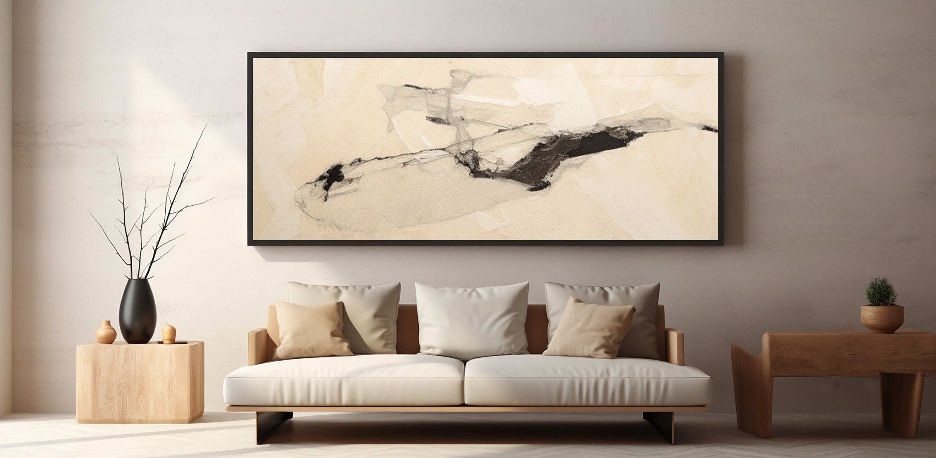 Wabi-Sabi Abstract Art, Beige Black Ink Wash #TB 060