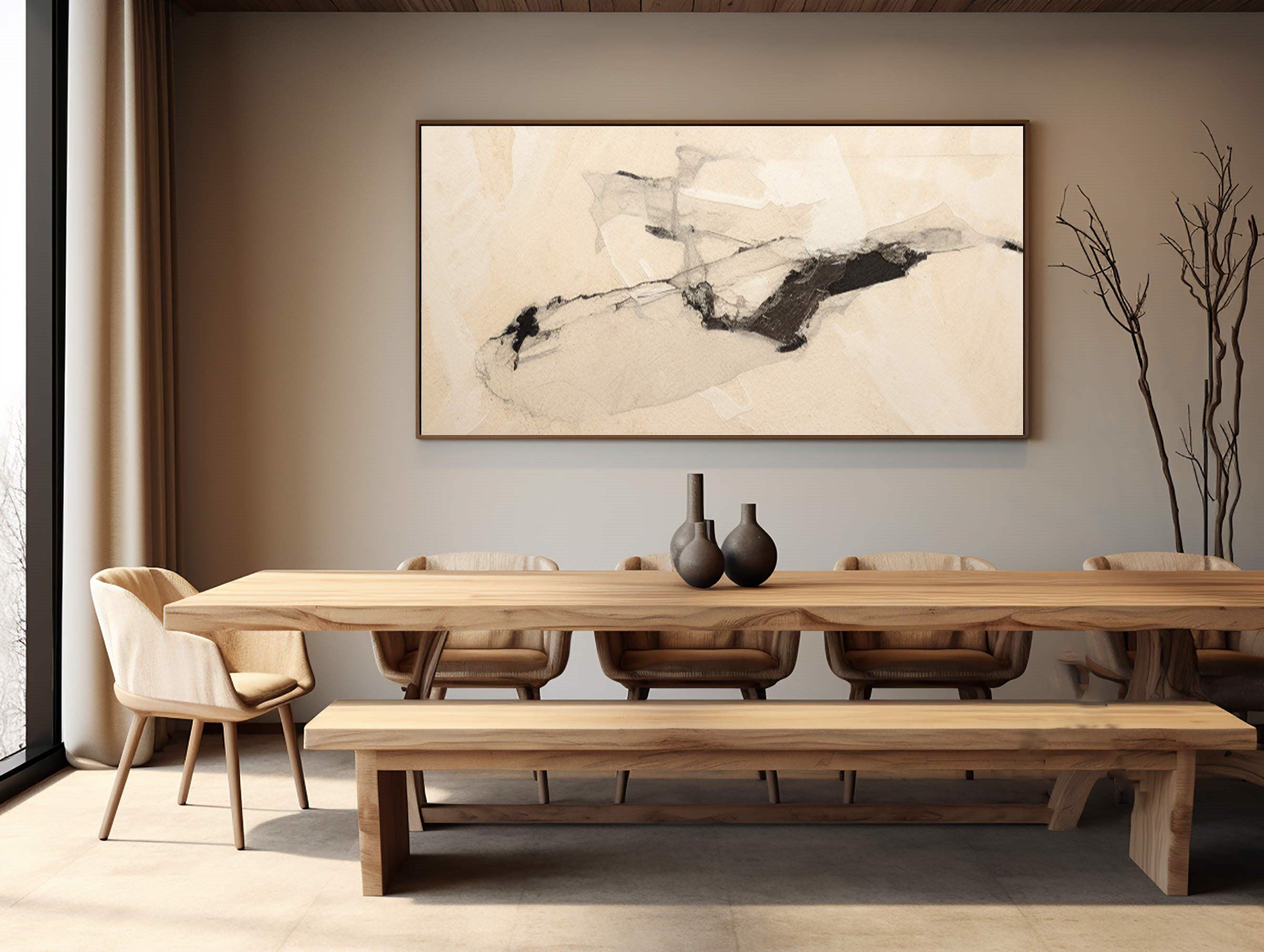 Wabi-Sabi Abstract Art, Beige Black Ink Wash #TB 060