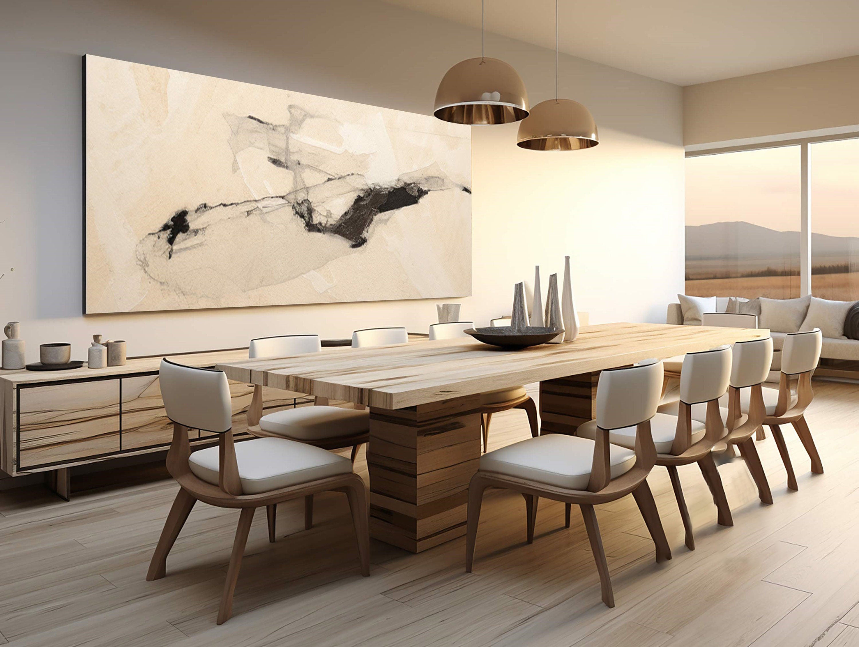 Wabi-Sabi Abstract Art, Beige Black Ink Wash #TB 060