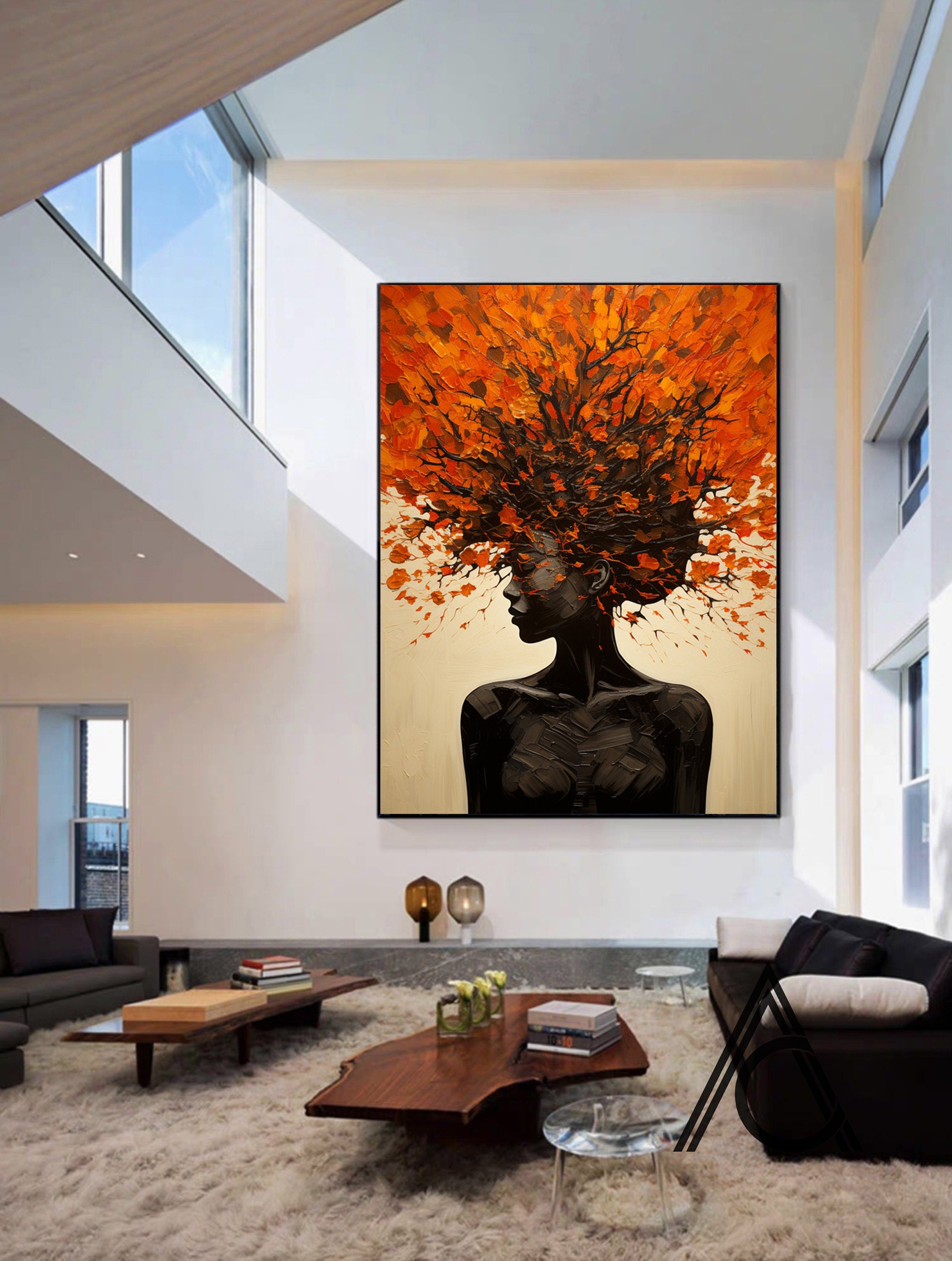 Orange Brown Explosive Hair Abstract Portrait Painting, Modern Art Wall Art #TB 044