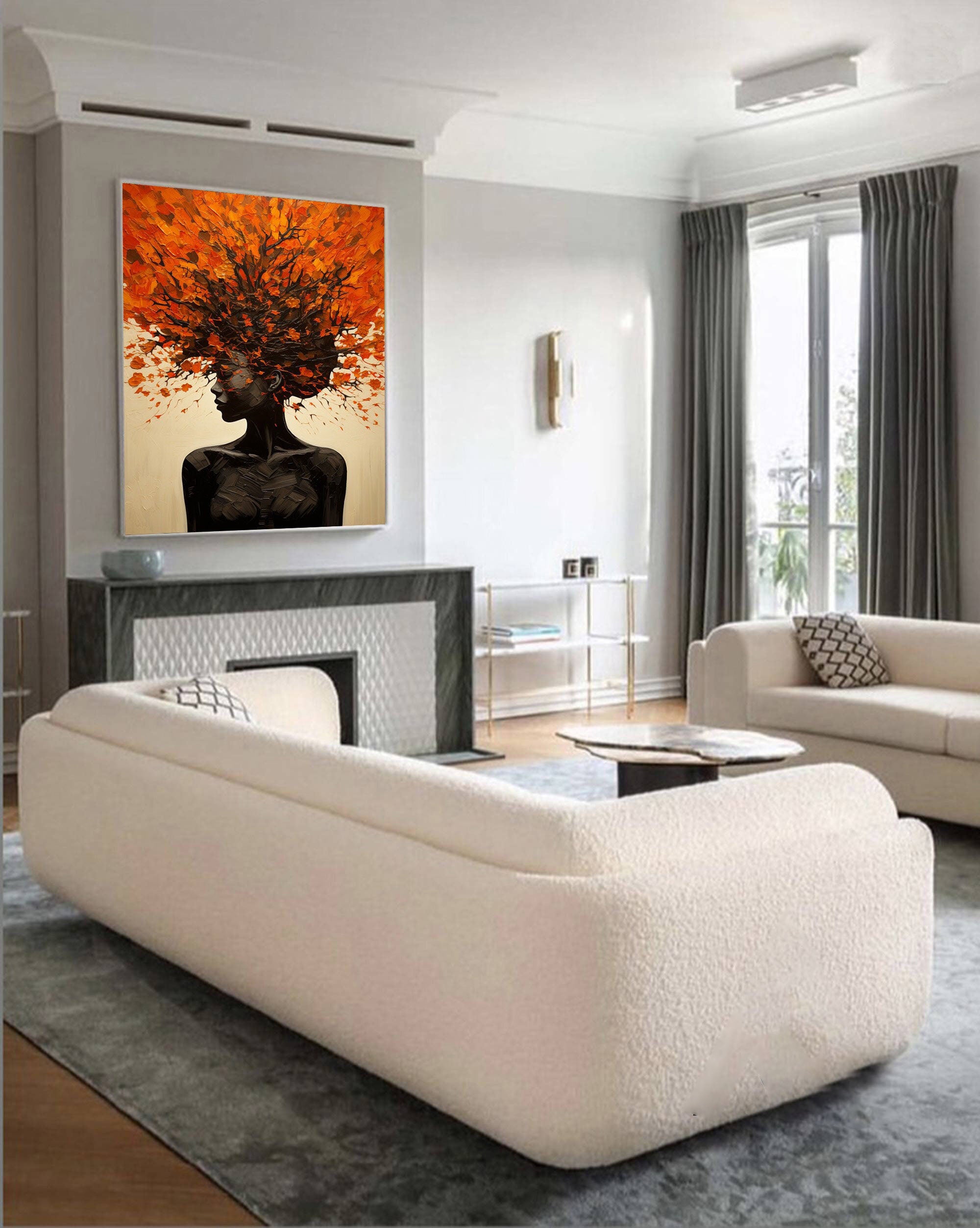 Orange Brown Explosive Hair Abstract Portrait Painting, Modern Art Wall Art #TB 044