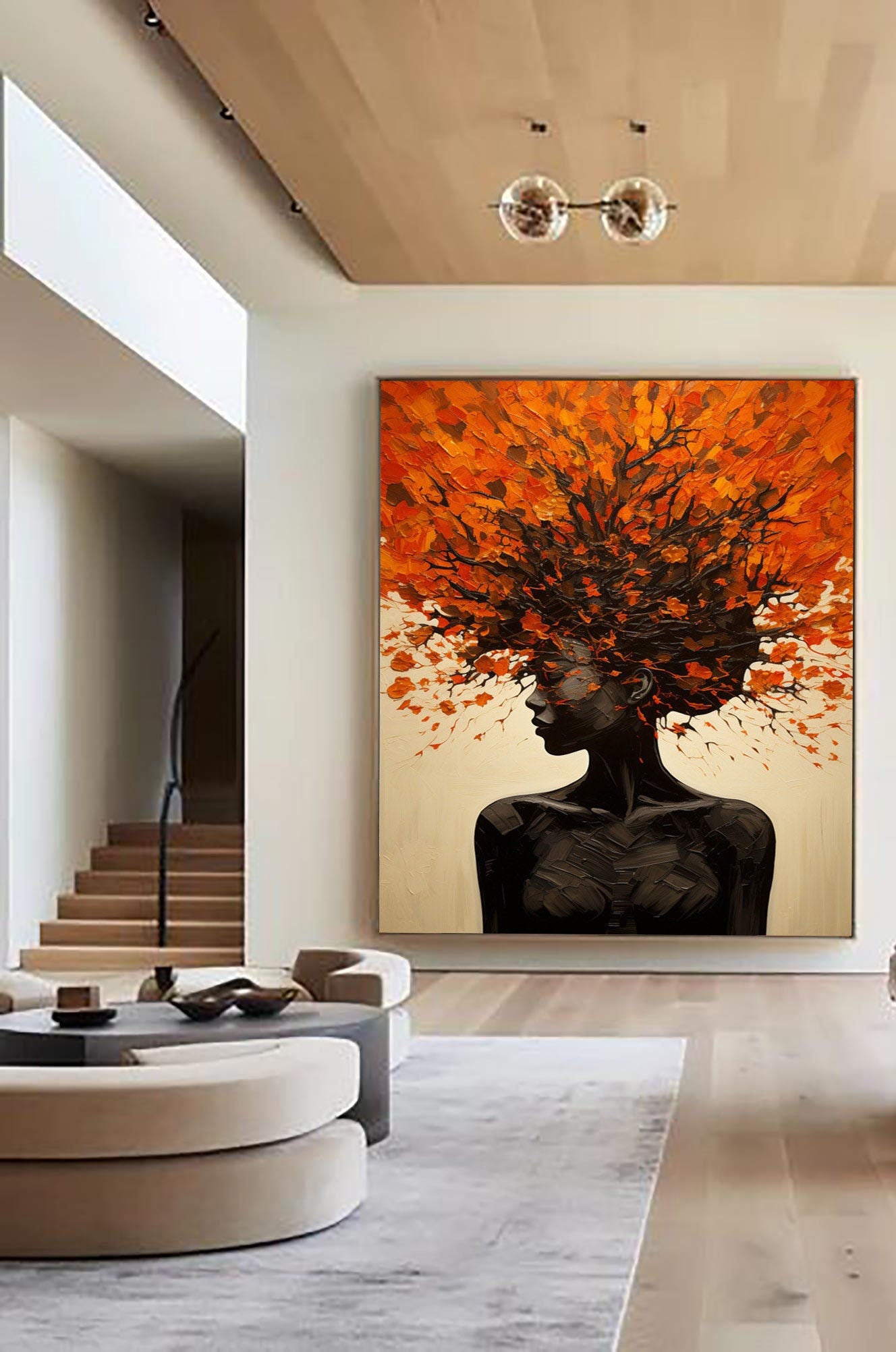 Orange Brown Explosive Hair Abstract Portrait Painting, Modern Art Wall Art #TB 044