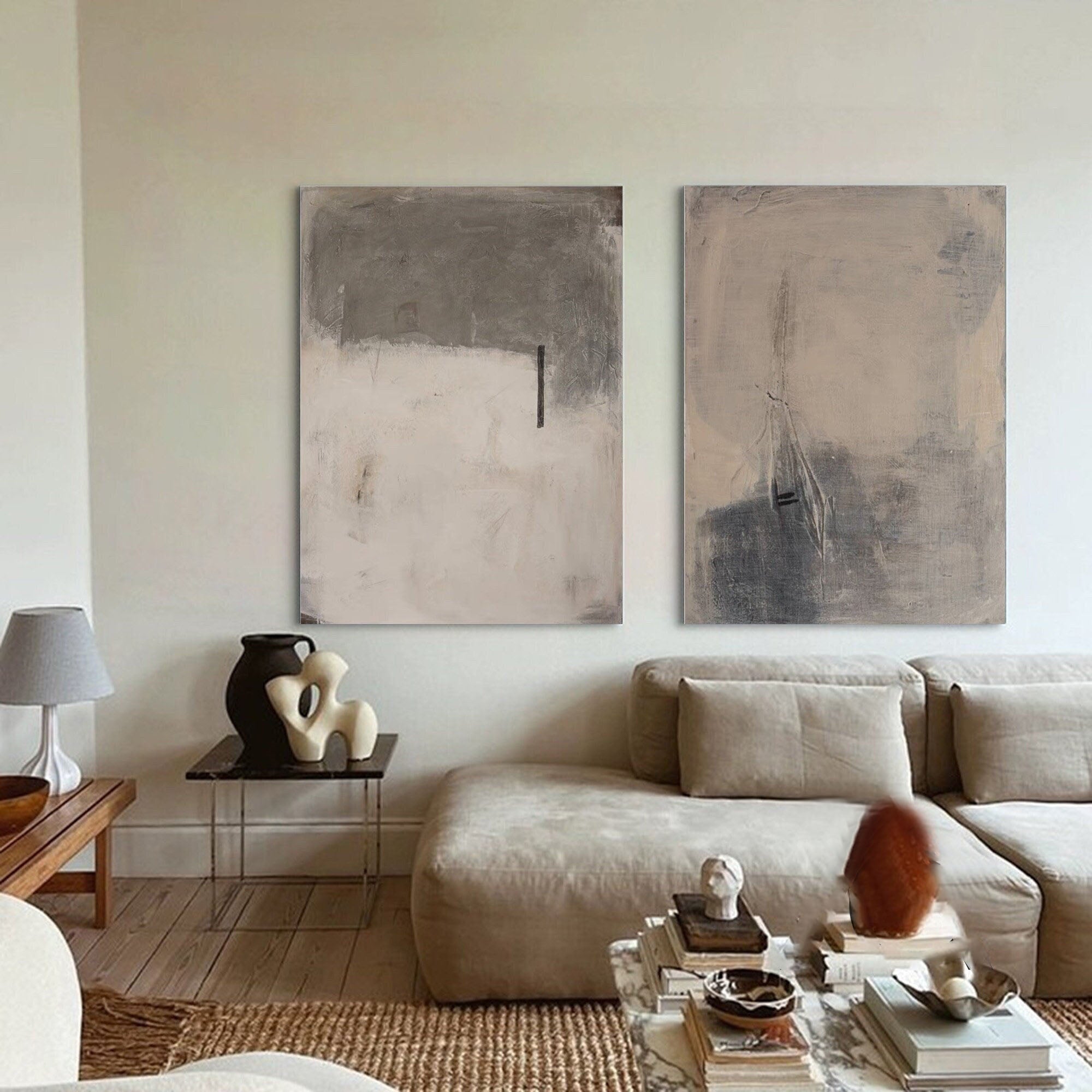 Modern Minimalist Abstract Diptych, Beige Gray Texture #TB 084