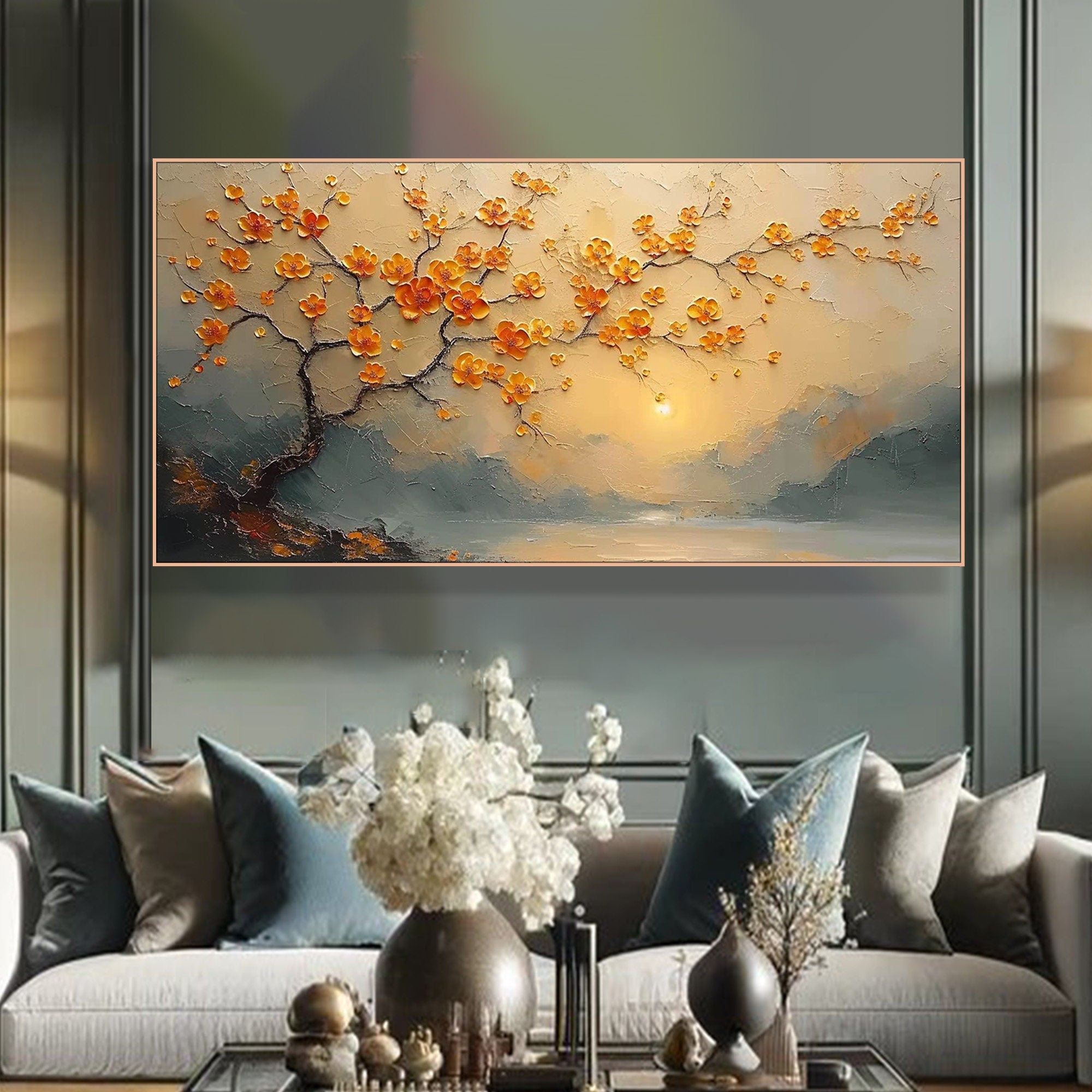 Textured Floral Painting on Canvas - Golden Blossom Art