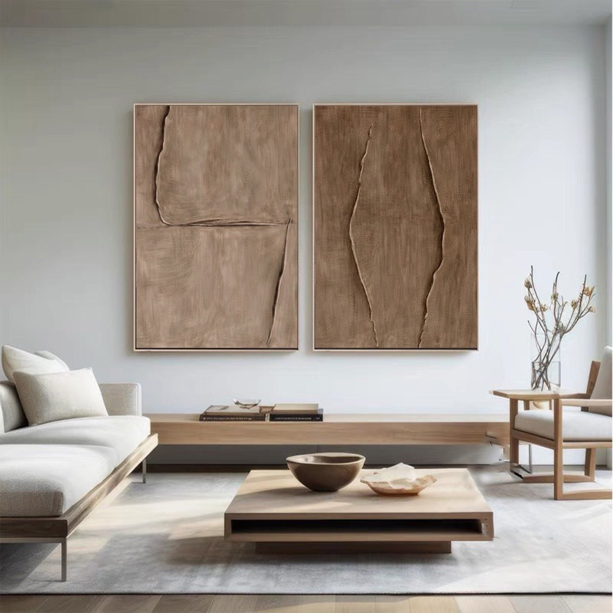 Beige Toned Sculptural Abstract Painting, Modern Wabi-Sabi Wall Art Diptych