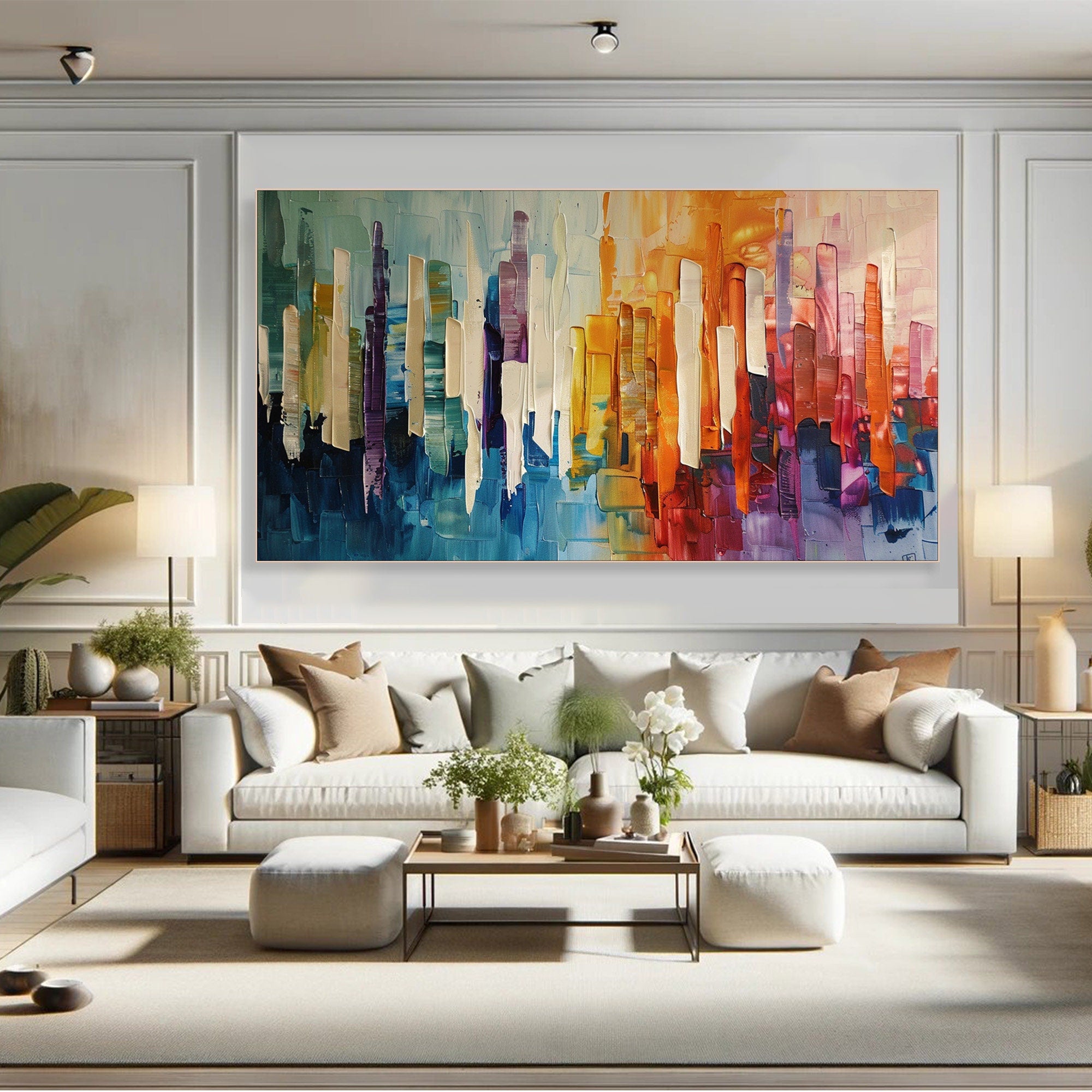 Modern City Abstract Oil Painting, Colorful Skyline Art Wall Decor #TB 055