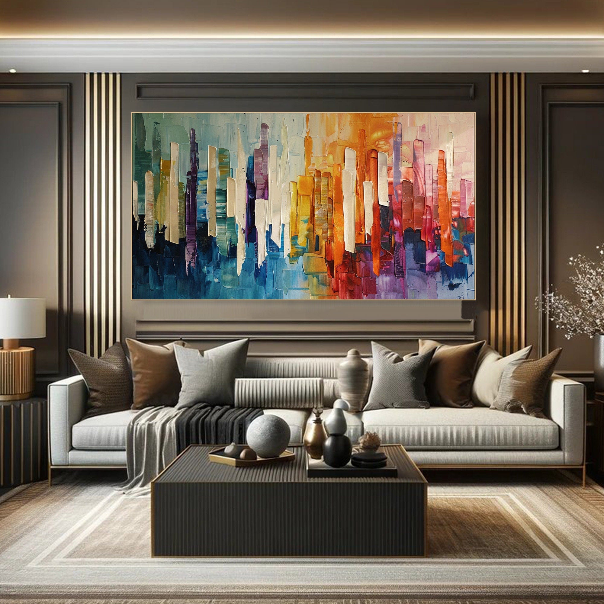 Modern City Abstract Oil Painting, Colorful Skyline Art Wall Decor #TB 055