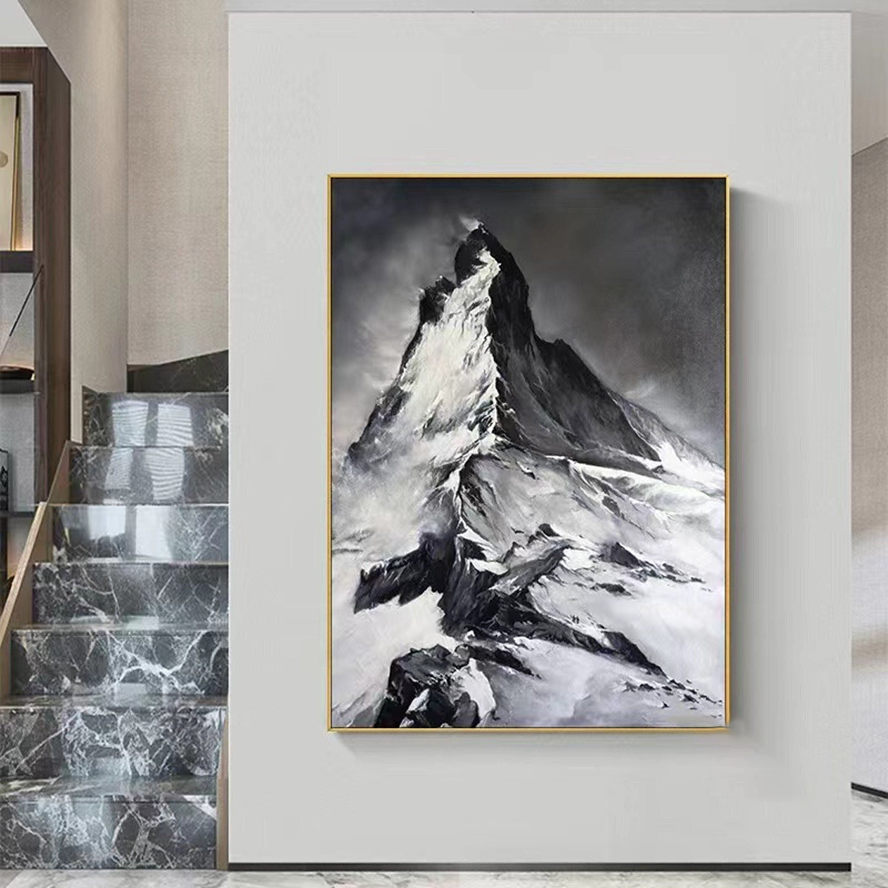 Modern Wall Art - Handmade Black and White Abstract Wave Oil Painting
