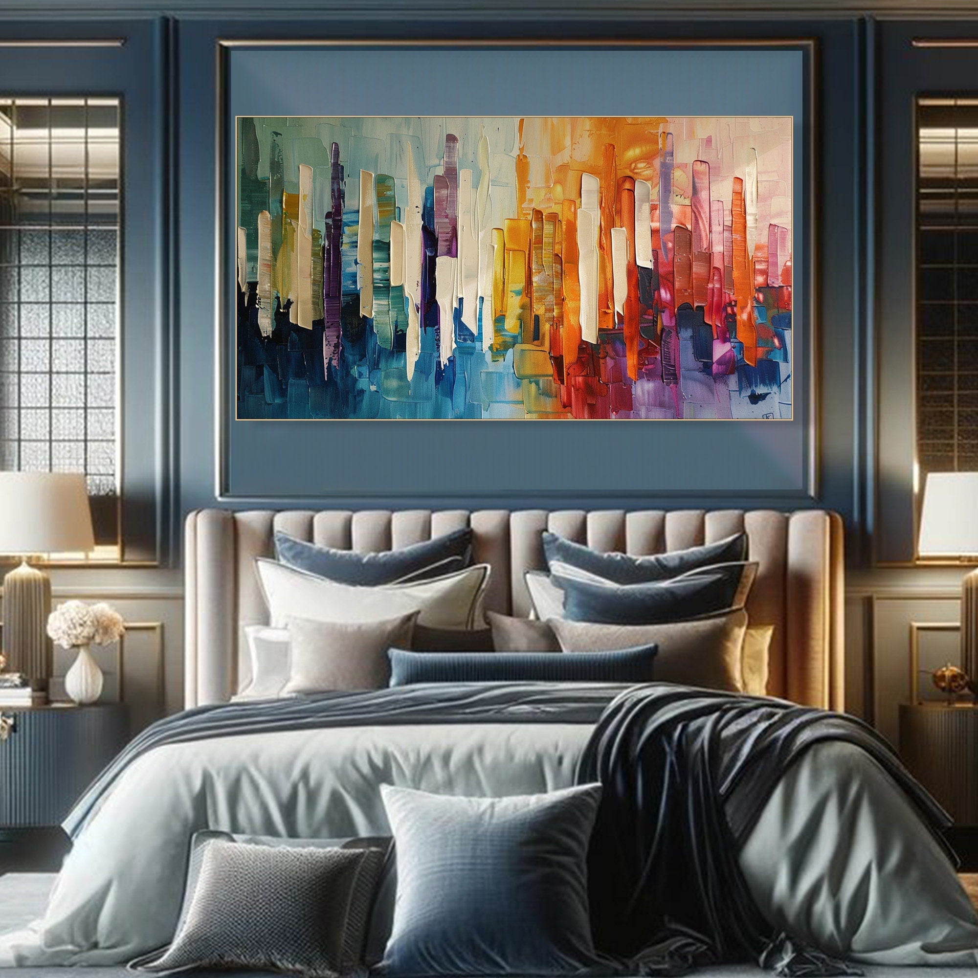 Modern City Abstract Oil Painting, Colorful Skyline Art Wall Decor #TB 055