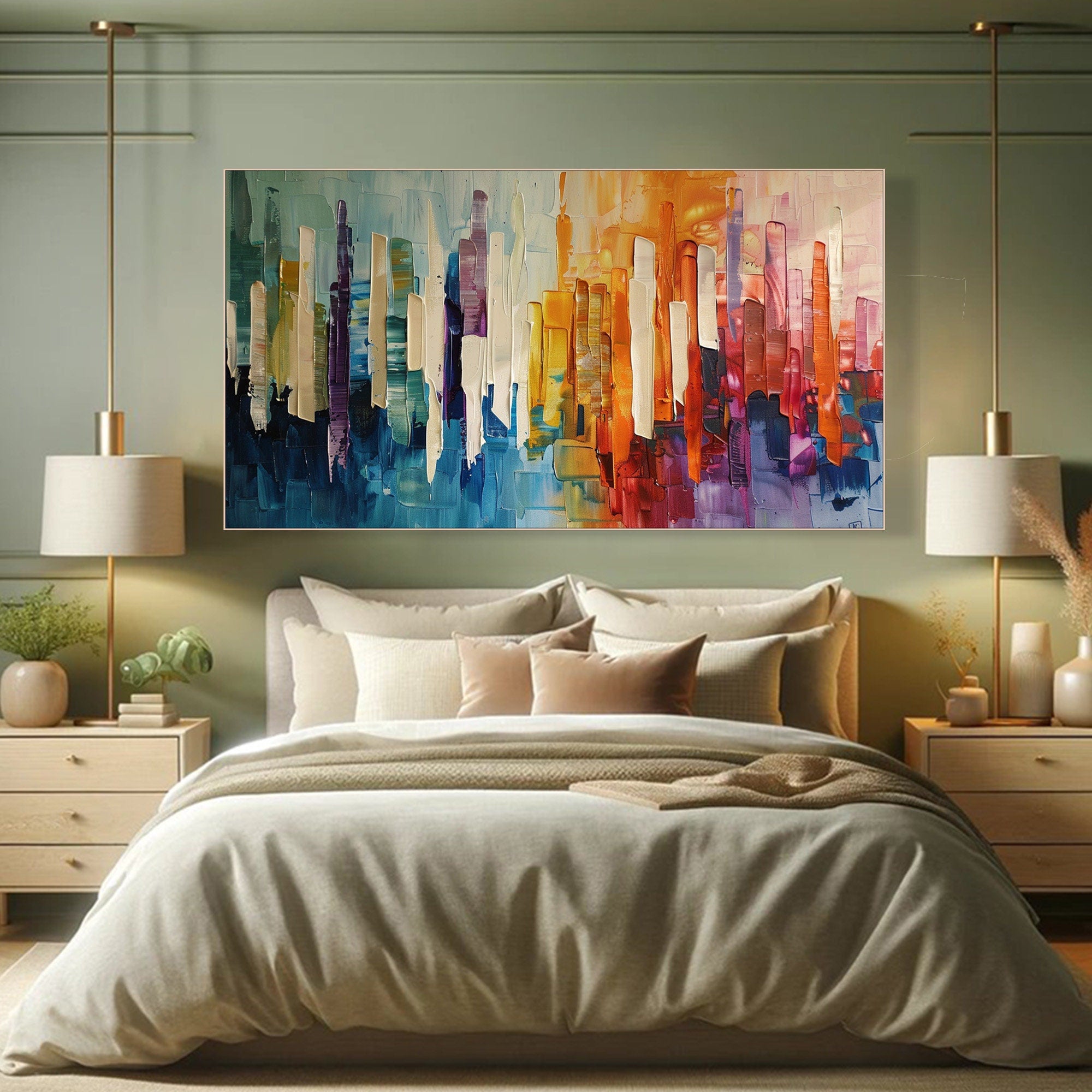 Modern City Abstract Oil Painting, Colorful Skyline Art Wall Decor #TB 055