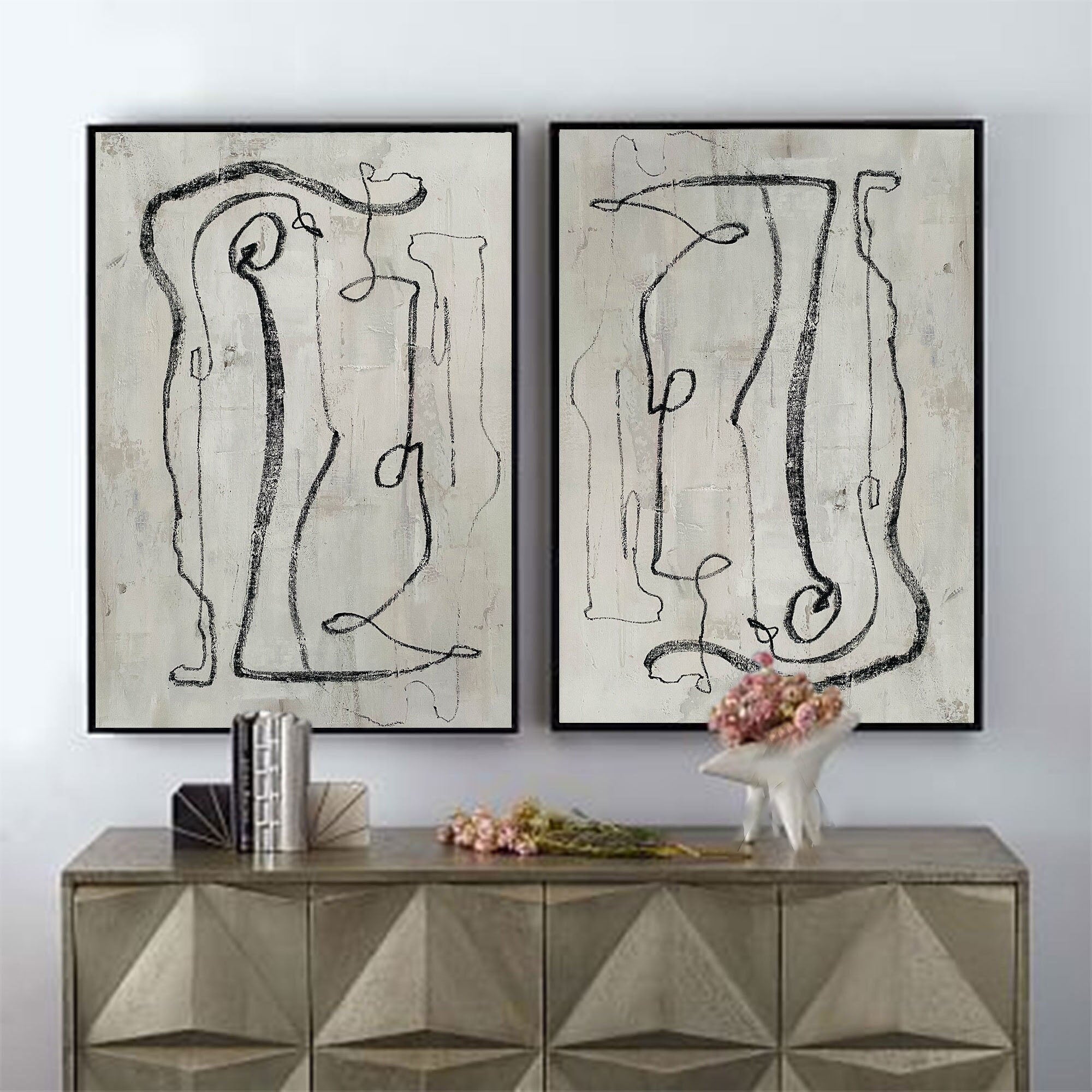 Modern Minimalist Abstract Diptych, Bold Black Lines #TB 085