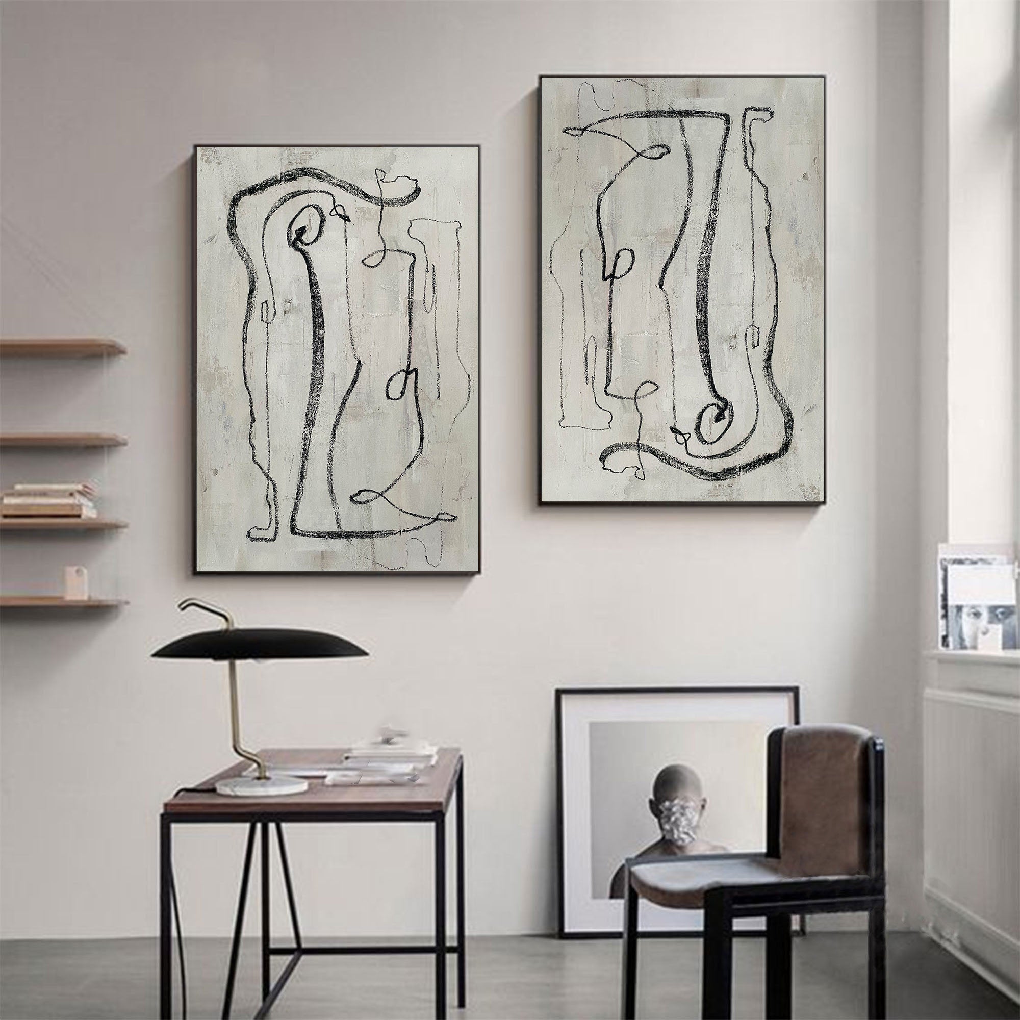 Modern Art Line Art, Beige Gray Bold Minimal Abstract