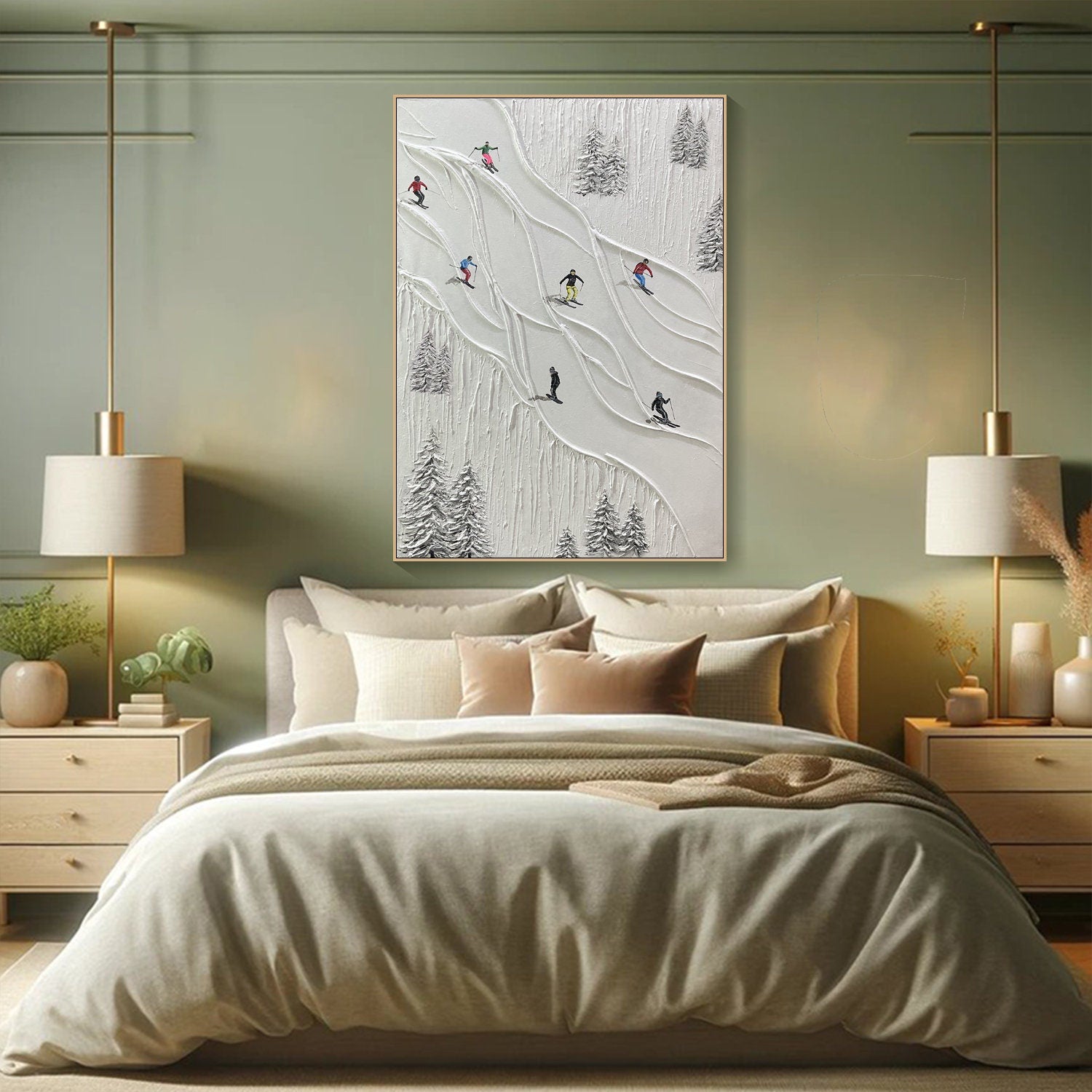 Modern Embossed Skiing Scene, White 3D Sport Decor