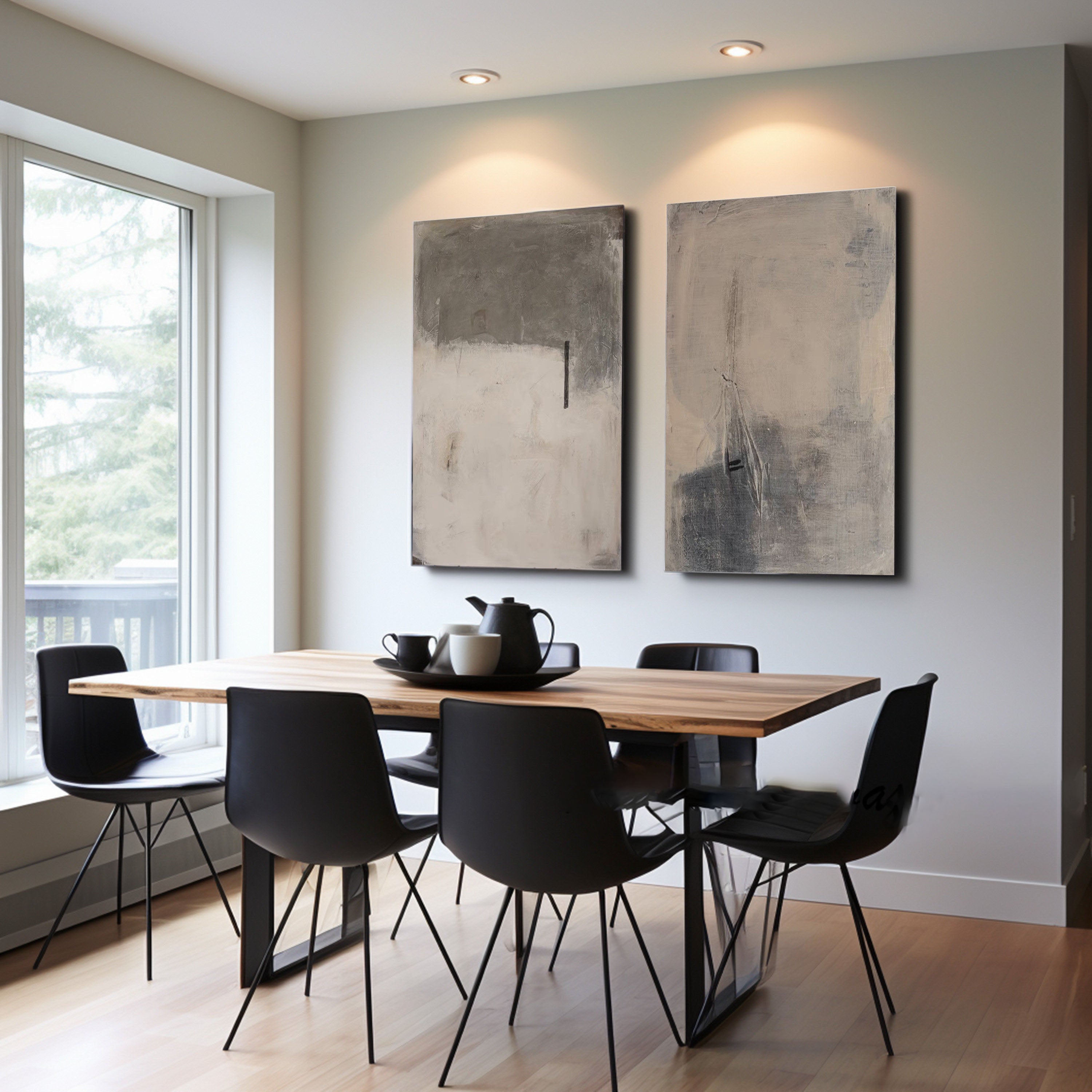 Modern Minimalist Abstract Diptych, Beige Gray Texture #TB 084