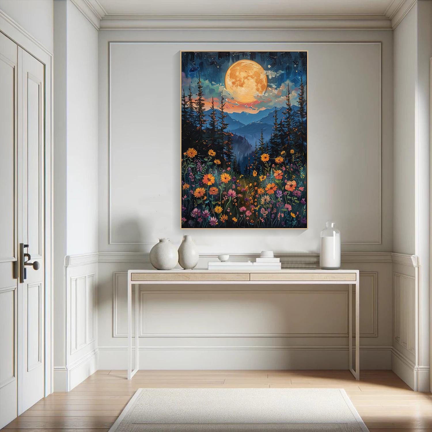 Moonlight Forest Abstract Oil Painting, Modern Dreamy Night #TB 073