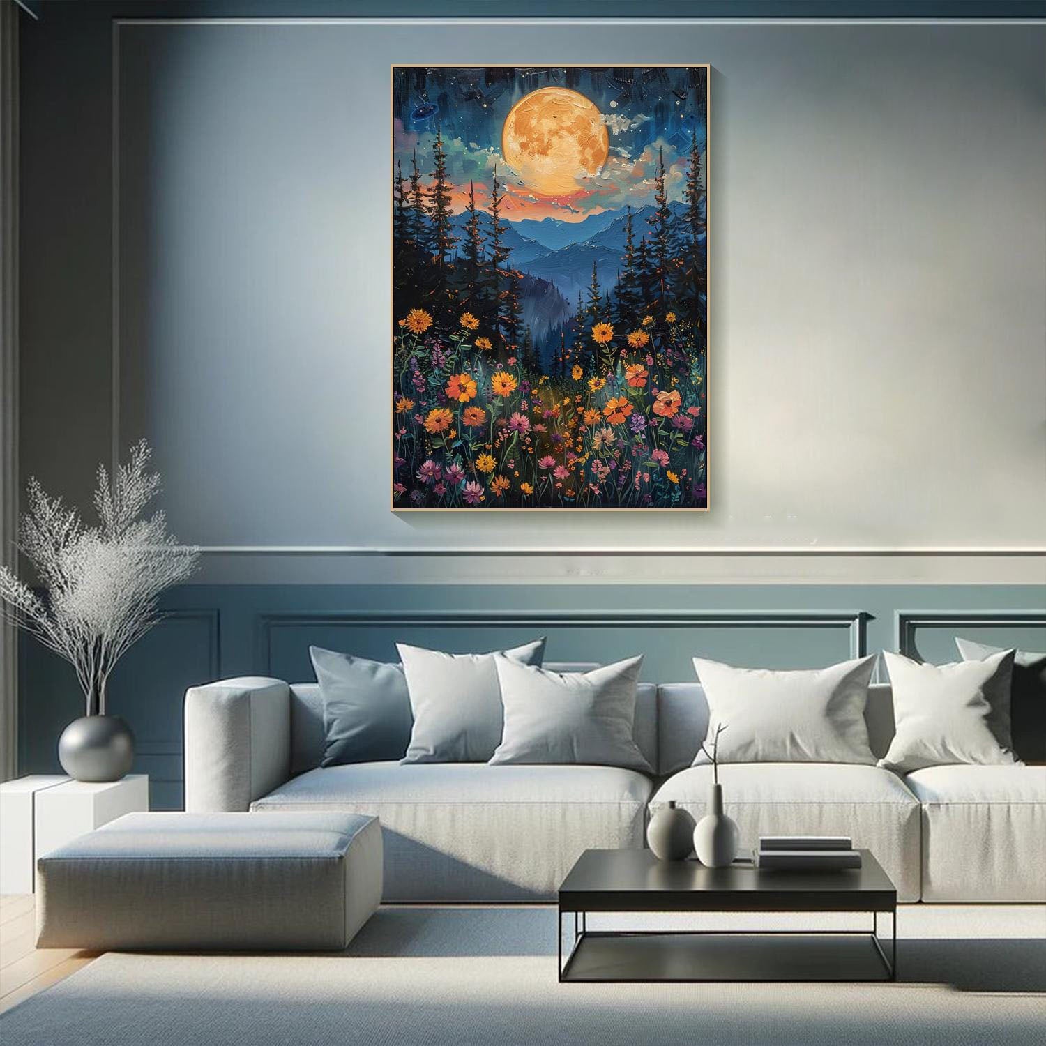 Moonlight Forest Abstract Oil Painting, Modern Dreamy Night #TB 073