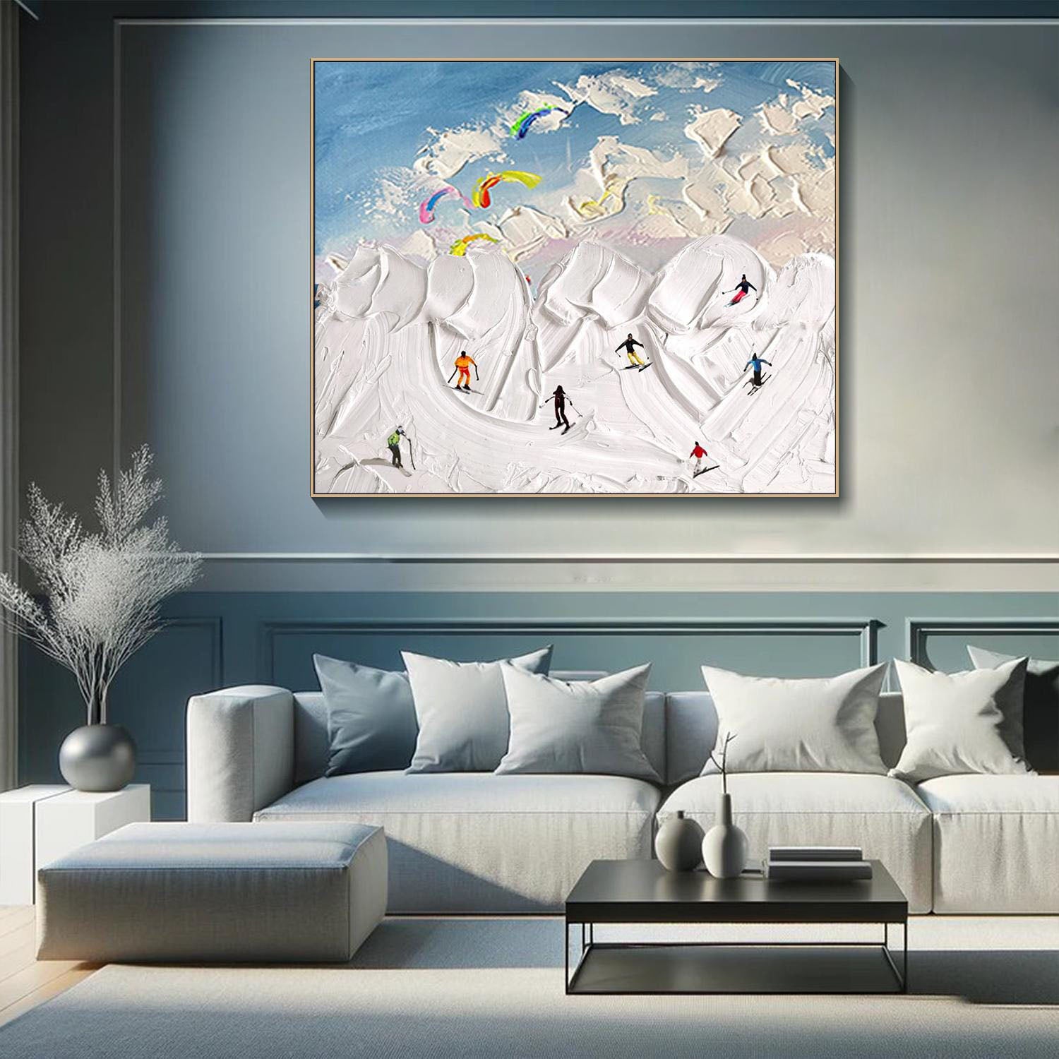 Textured Winter Landscape Painting with Skiers