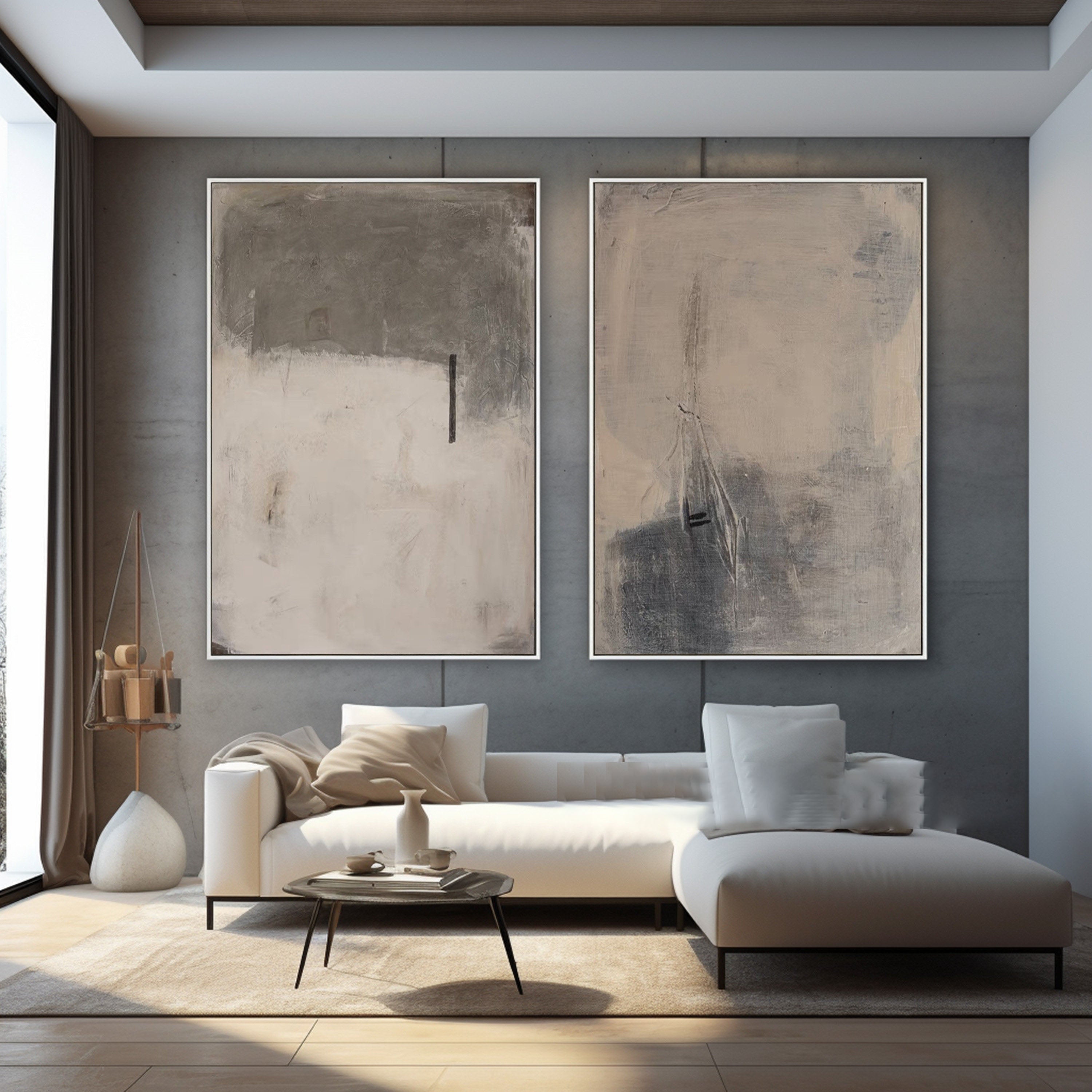 Modern Minimalist Abstract Diptych, Beige Gray Texture #TB 084