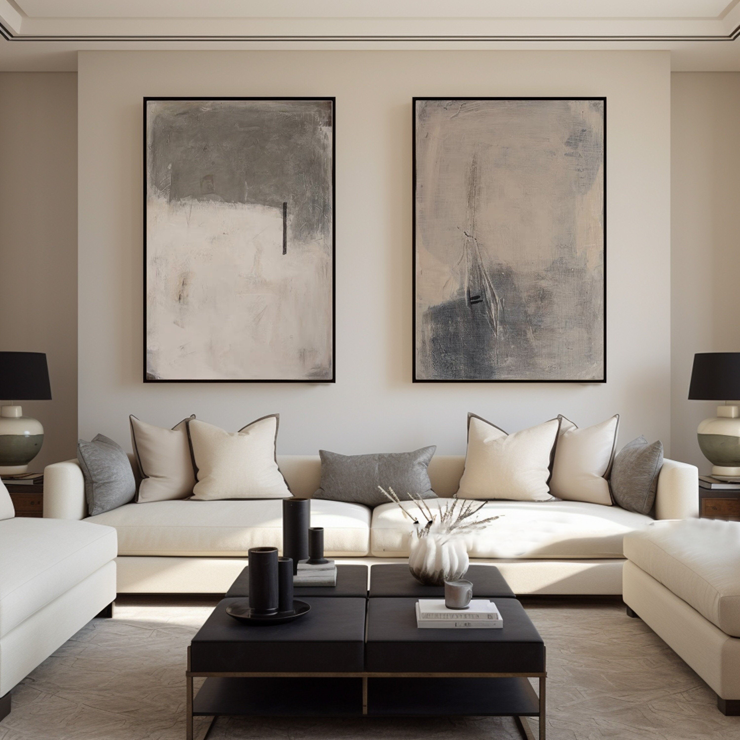 Modern Minimalist Abstract Diptych, Beige Gray Texture #TB 084