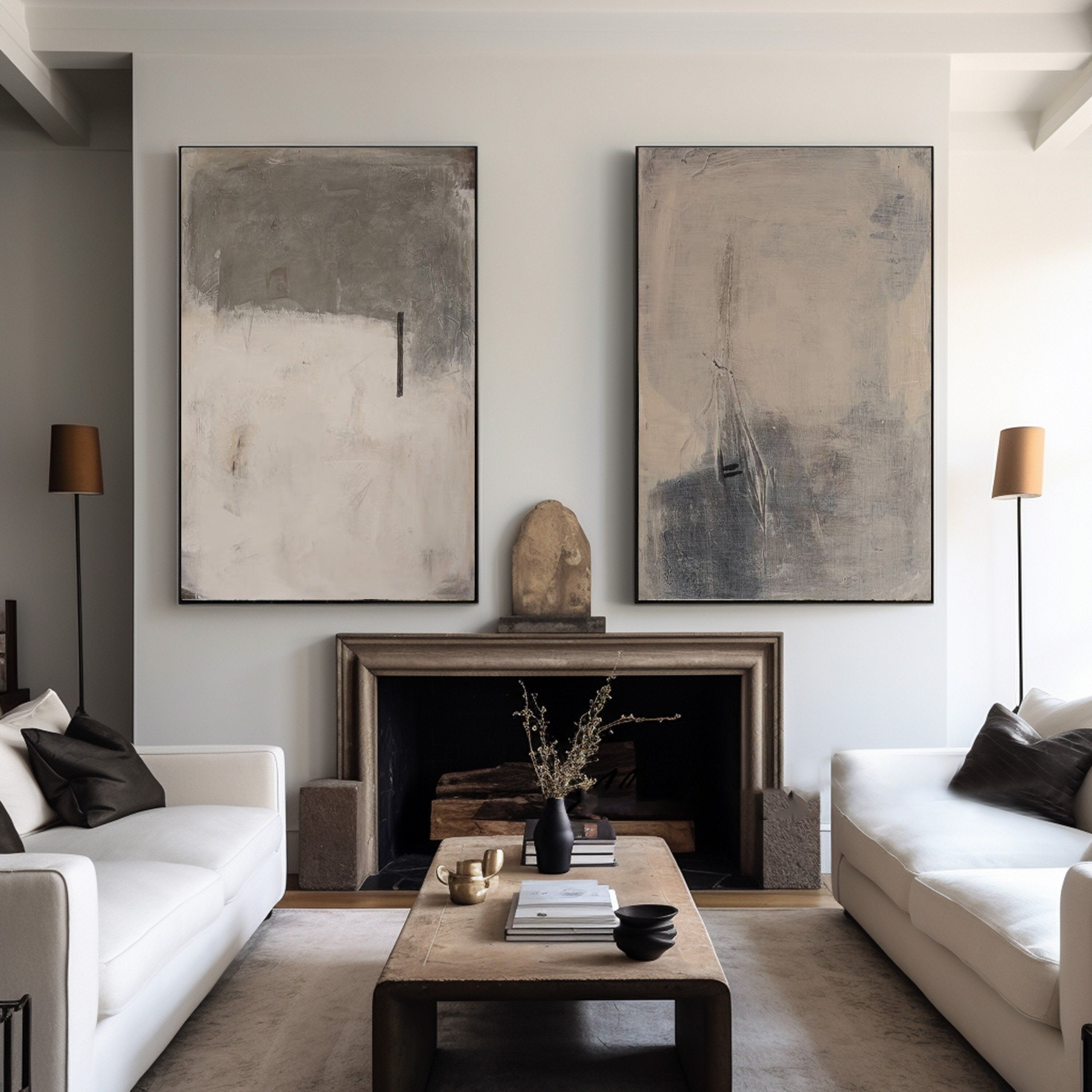 Modern Minimalist Abstract Diptych, Beige Gray Texture #TB 084