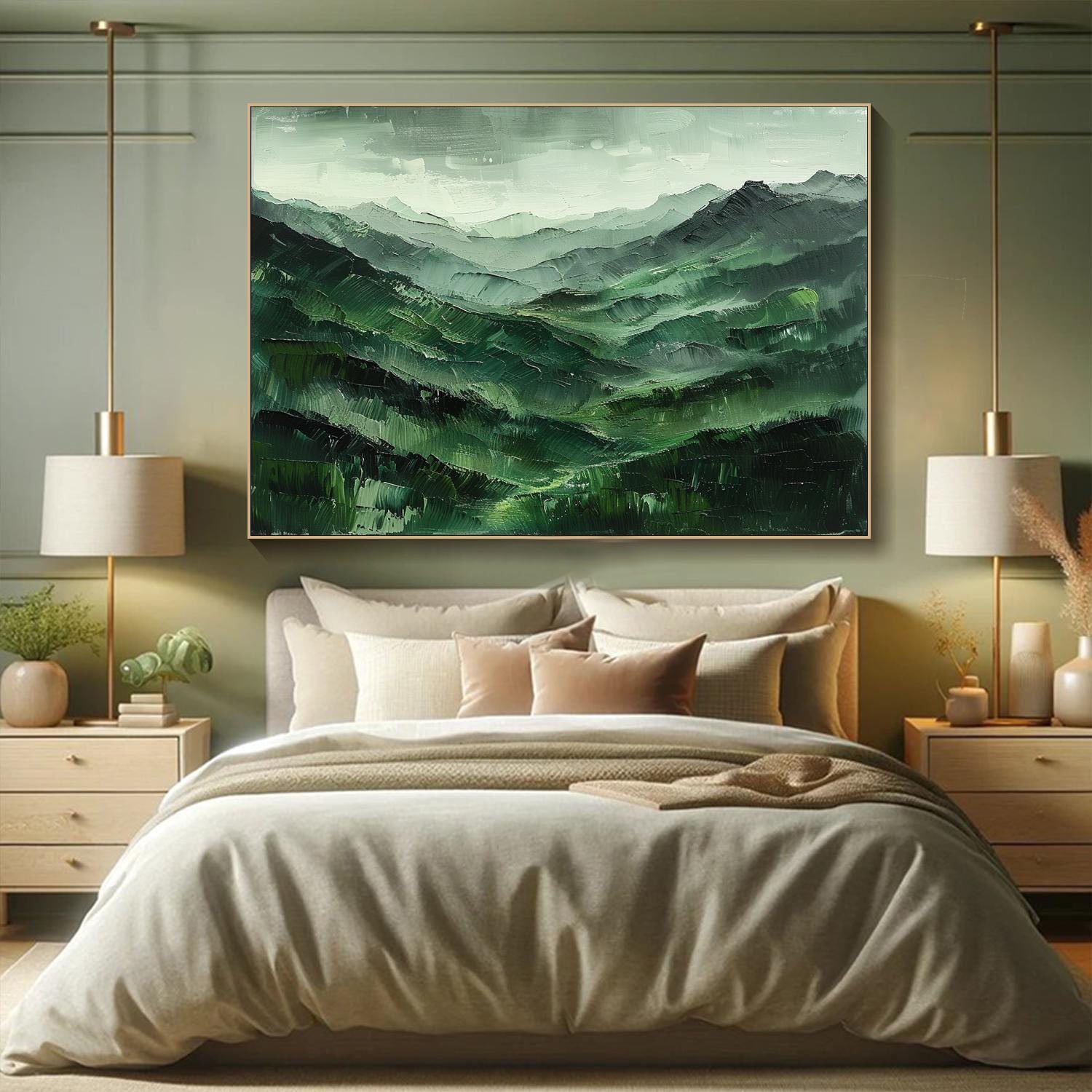 Hand-Painted Green Mountain Landscape | Tranquil Wall Art #TC 004