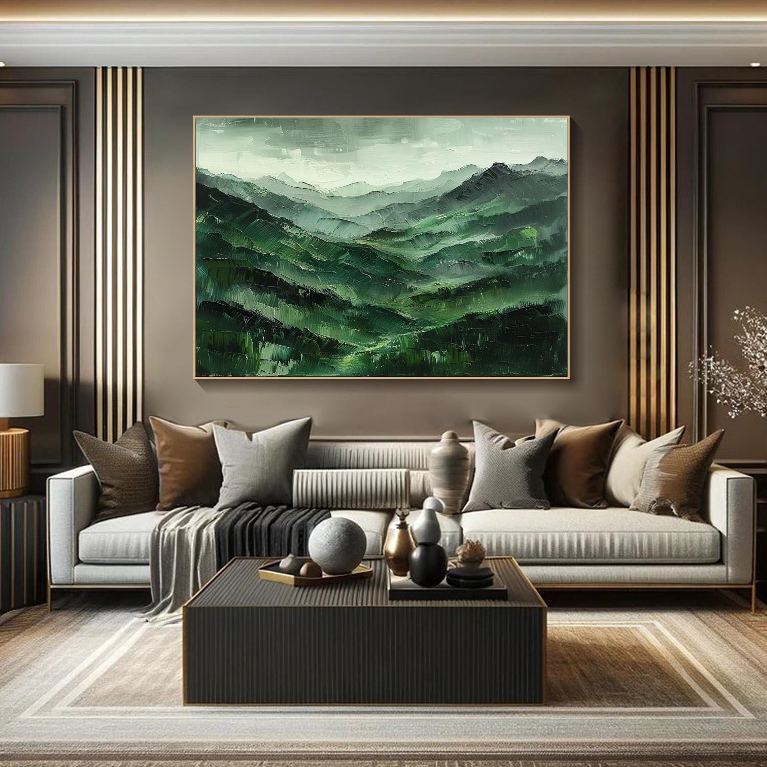 Hand-Painted Green Mountain Landscape | Tranquil Wall Art #TC 004
